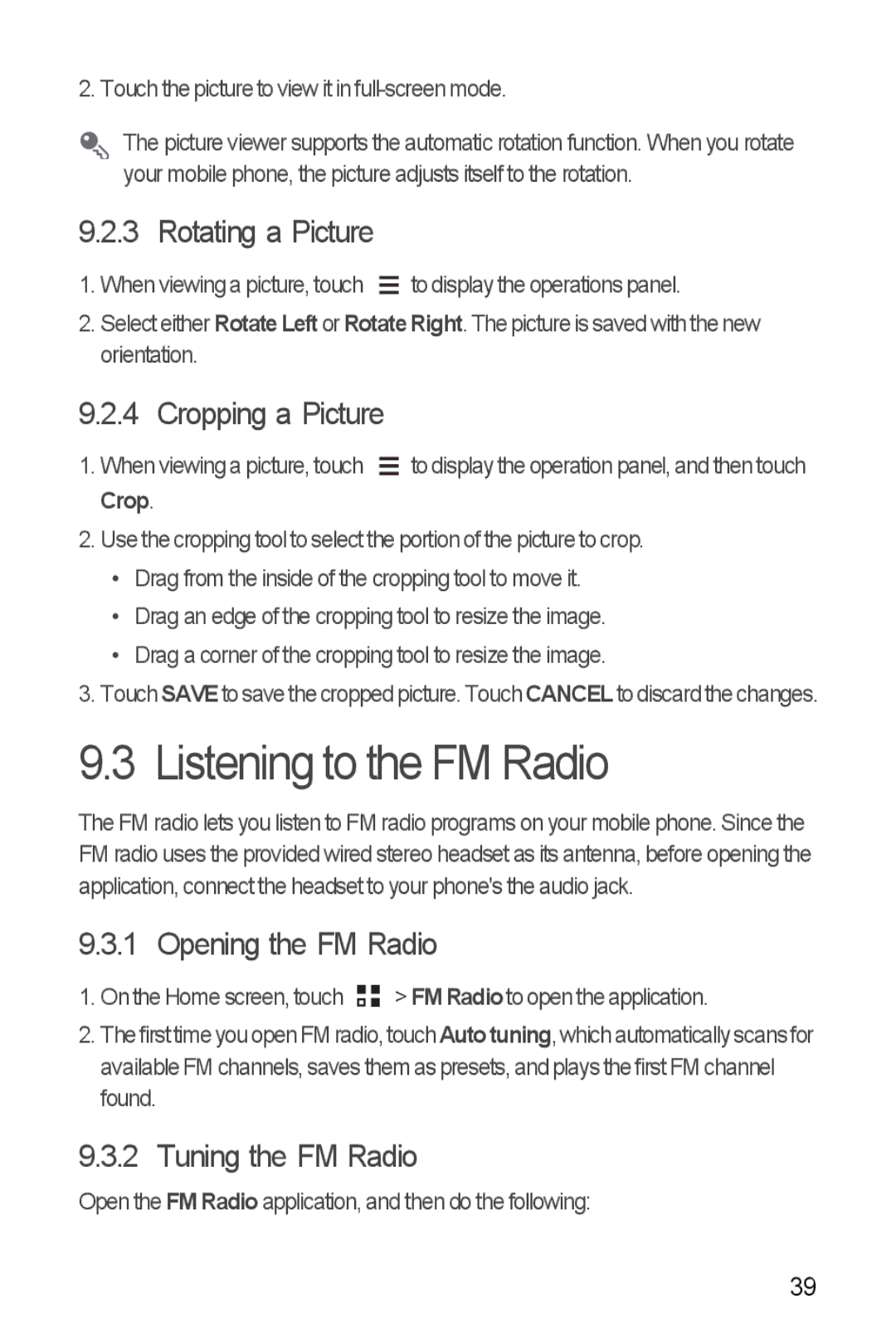 Huawei H881C Listening to the FM Radio, Rotating a Picture, Cropping a Picture, Opening the FM Radio, Tuning the FM Radio 