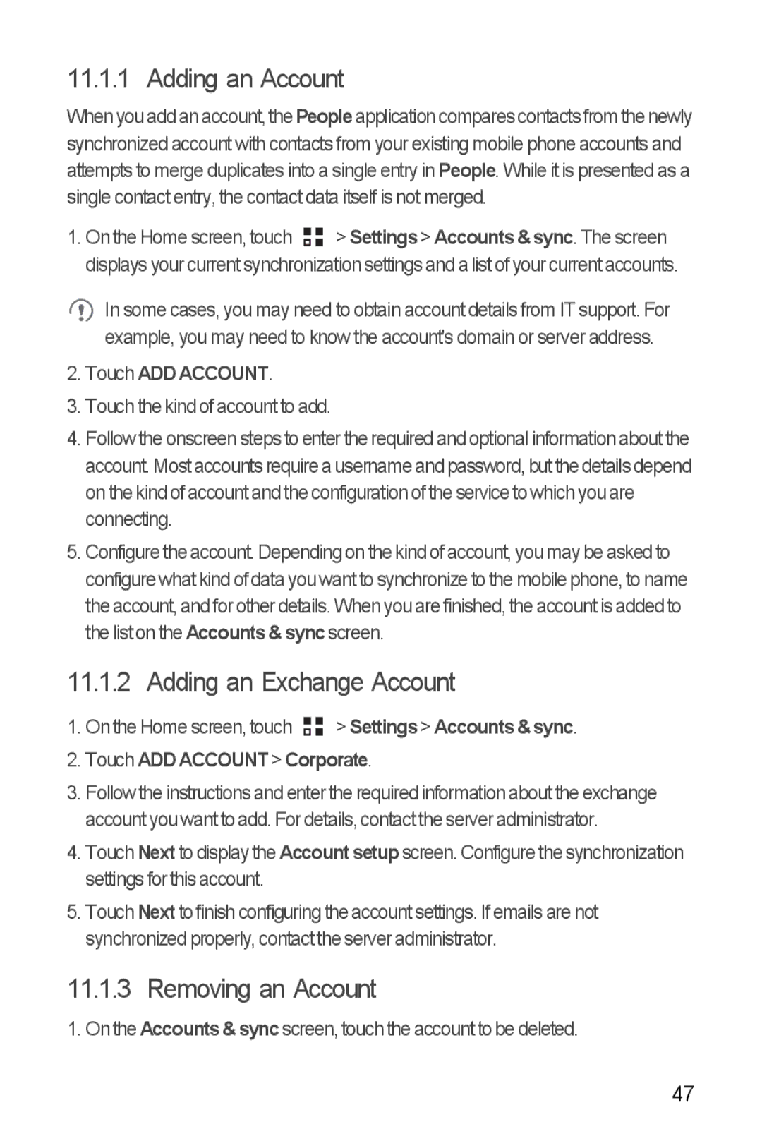 Huawei H881C manual Adding an Account, Adding an Exchange Account, Removing an Account, Touch ADD Account 