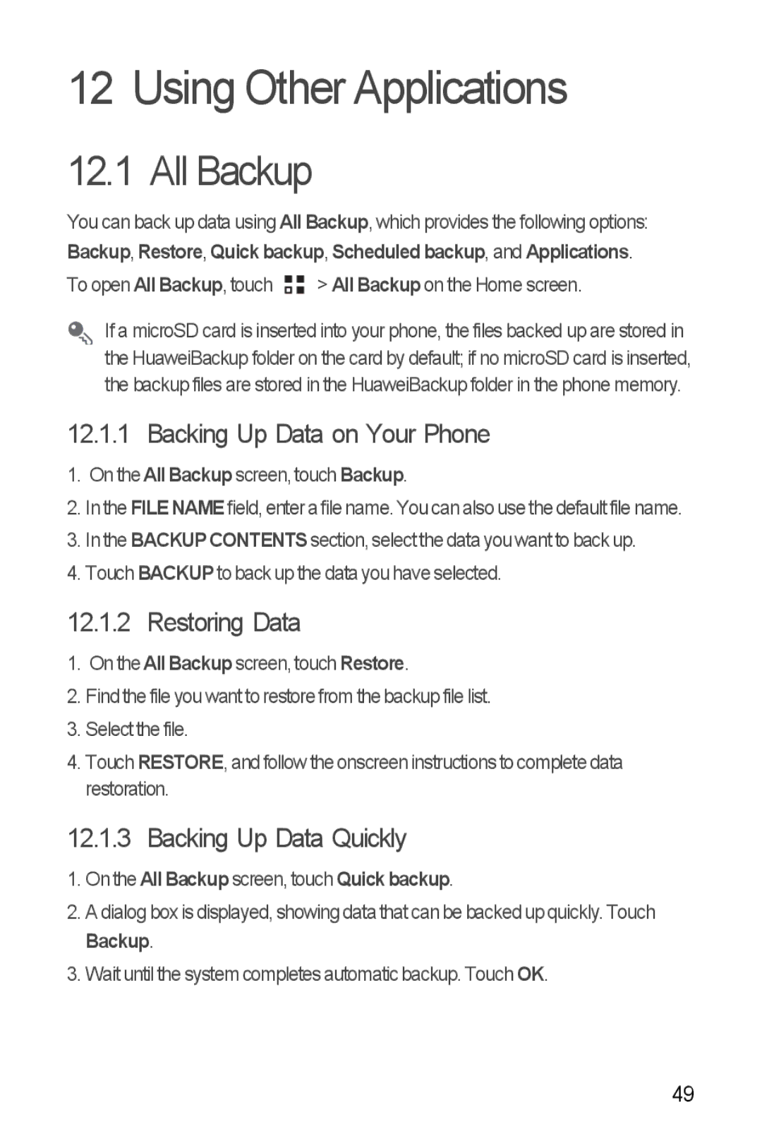 Huawei H881C Using Other Applications, All Backup, Backing Up Data on Your Phone, Restoring Data, Backing Up Data Quickly 