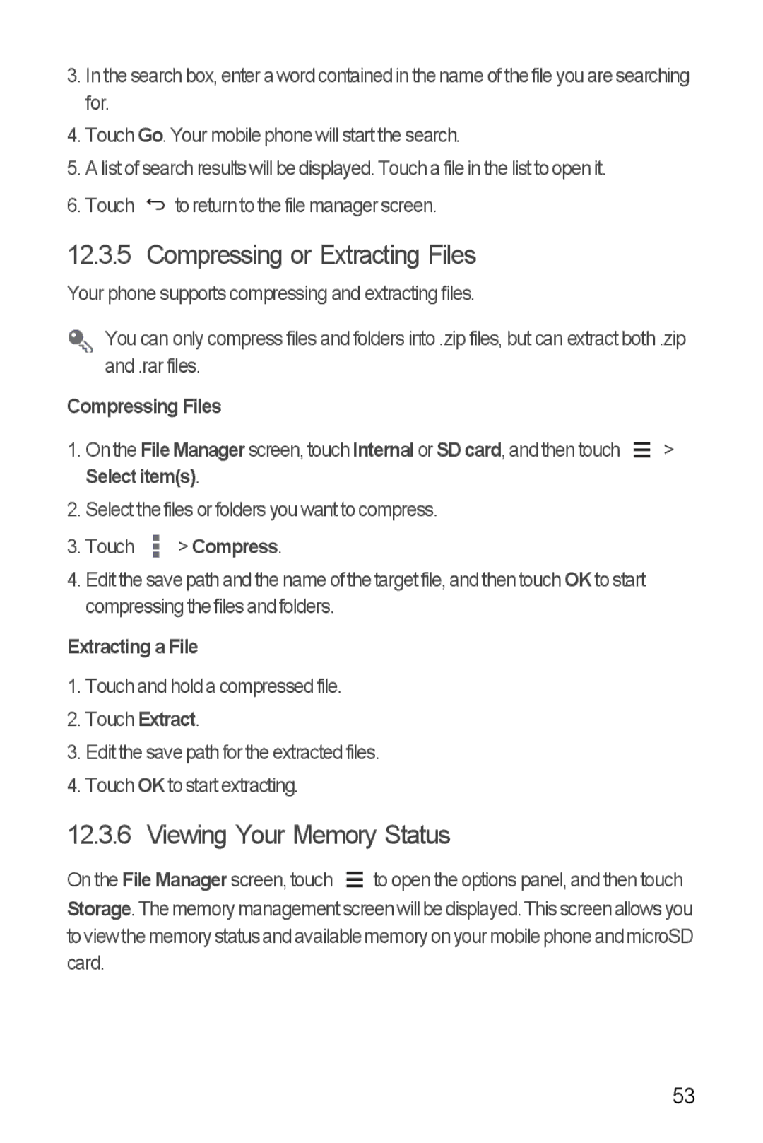 Huawei H881C manual Compressing or Extracting Files, Viewing Your Memory Status 