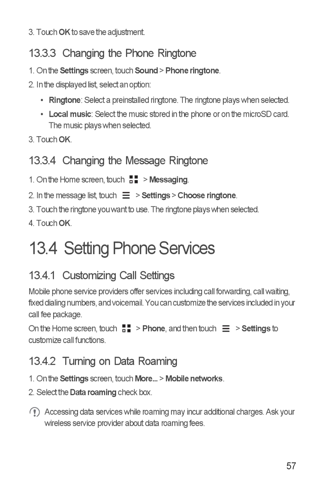 Huawei H881C Setting Phone Services, Changing the Phone Ringtone, Changing the Message Ringtone, Customizing Call Settings 