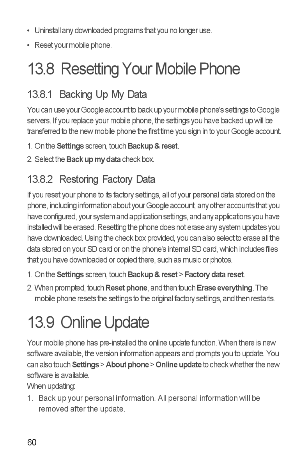 Huawei H881C manual Resetting Your Mobile Phone, Online Update, Backing Up My Data, Restoring Factory Data 