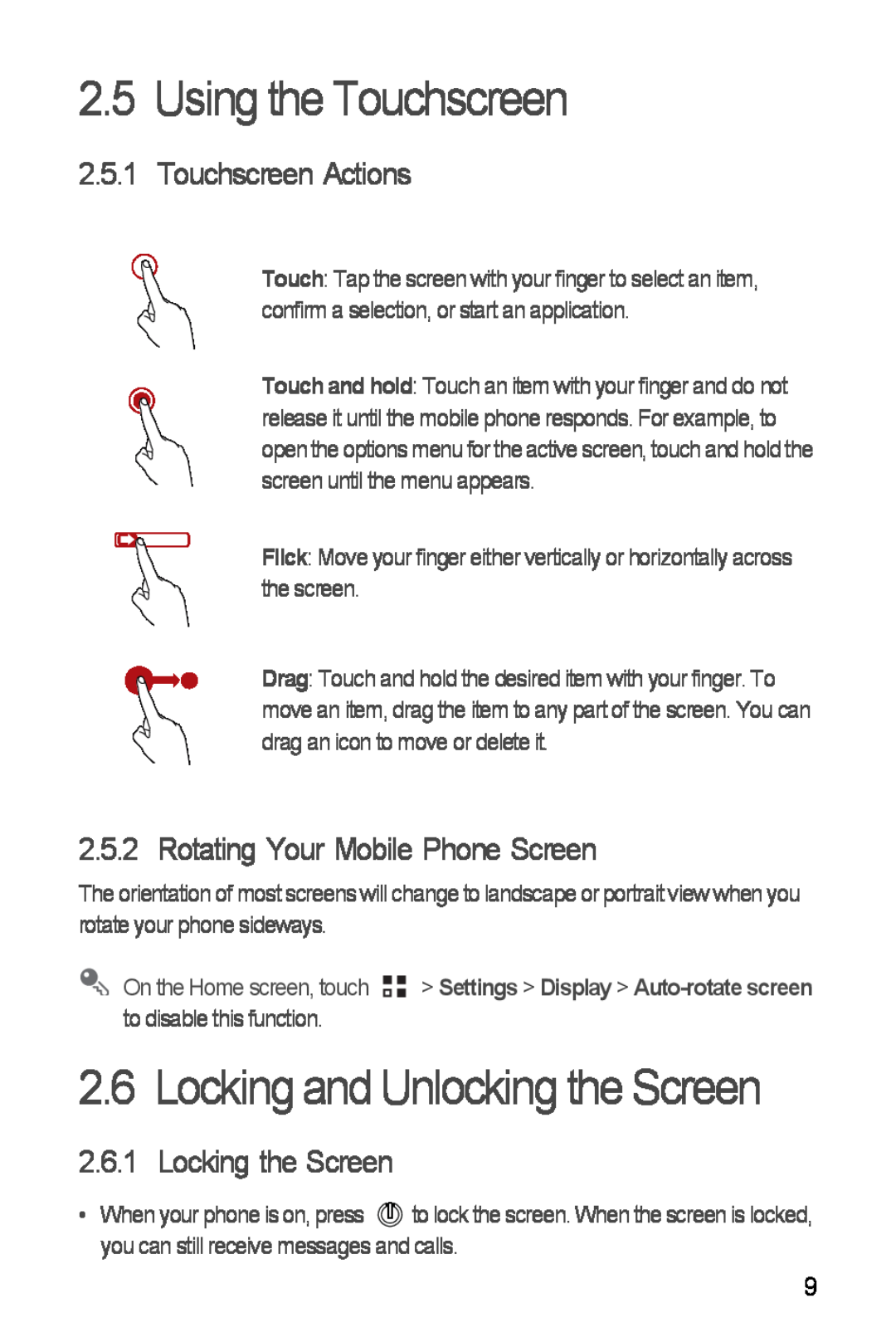Huawei H881C manual Using the Touchscreen, Locking and Unlocking the Screen, Touchscreen Actions, Locking the Screen 