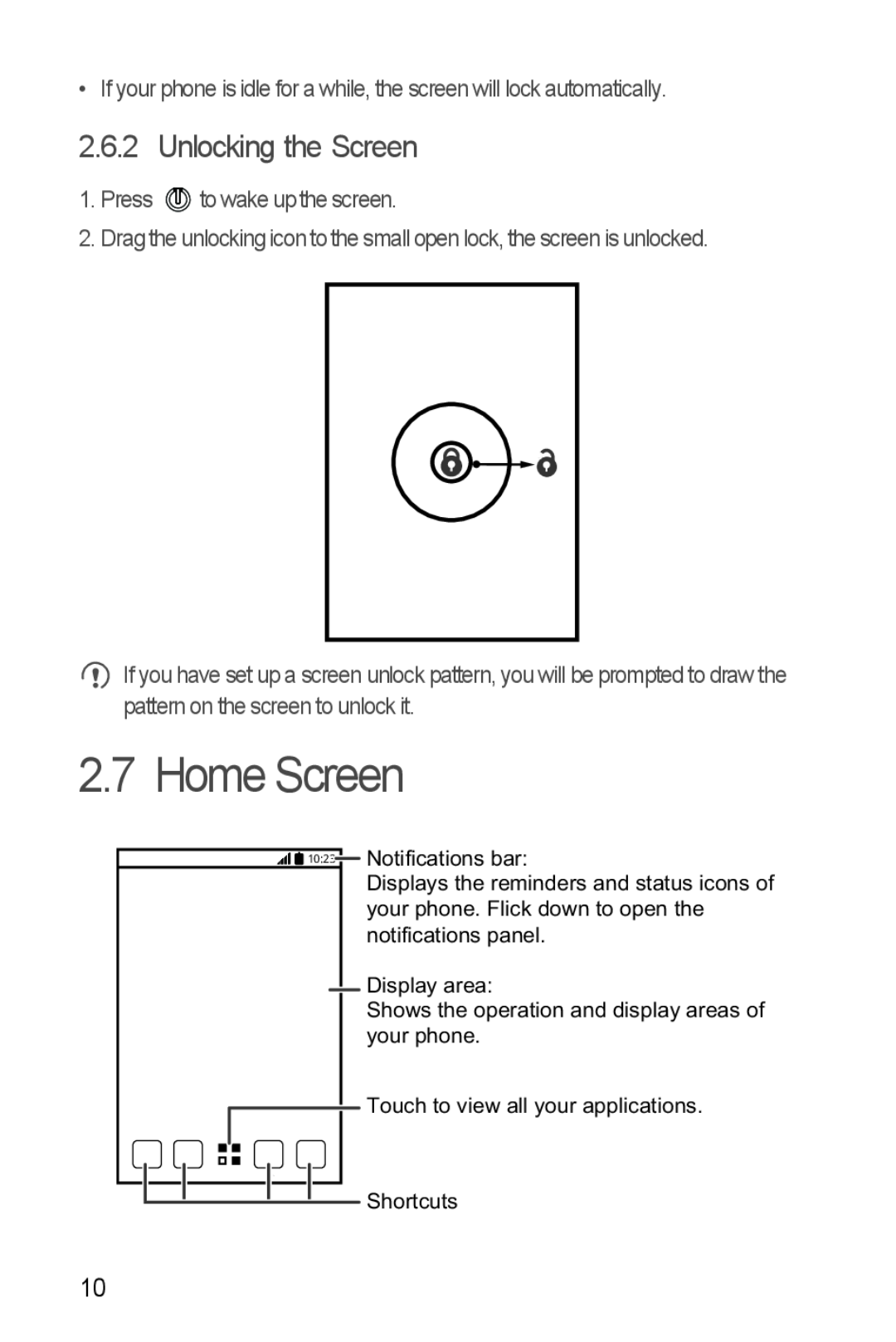 Huawei H881C manual Home Screen, Unlocking the Screen 