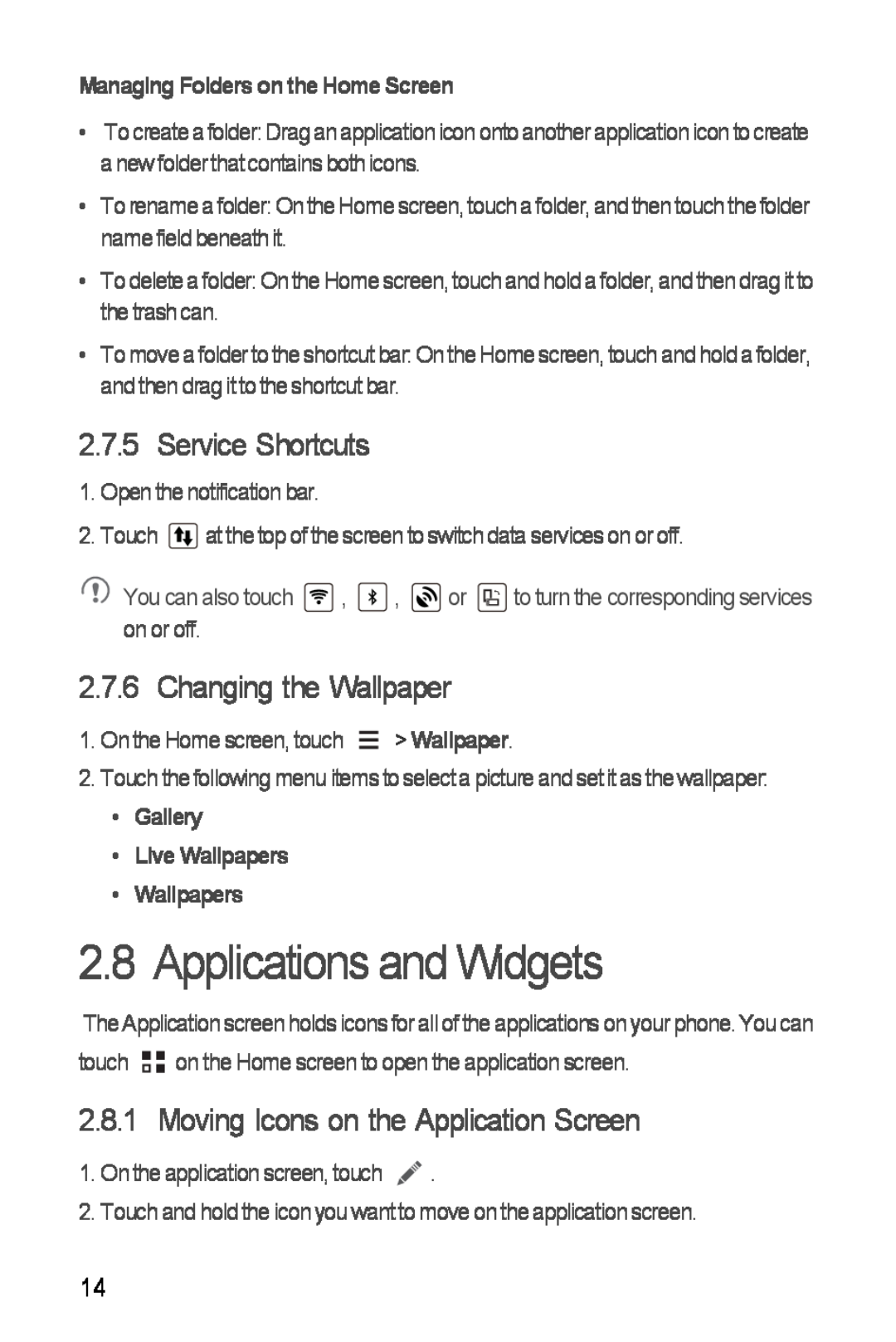 Huawei H881C Applications and Widgets, Service Shortcuts, Changing the Wallpaper, Moving Icons on the Application Screen 