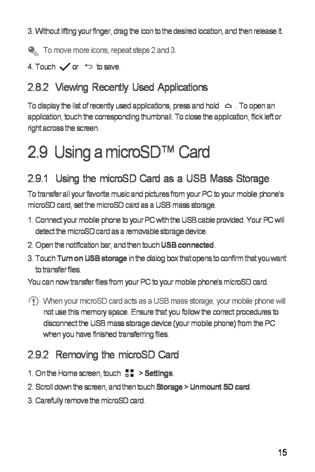 Huawei H881C manual Using a microSD Card, Viewing Recently Used Applications, Using the microSD Card as a USB Mass Storage 
