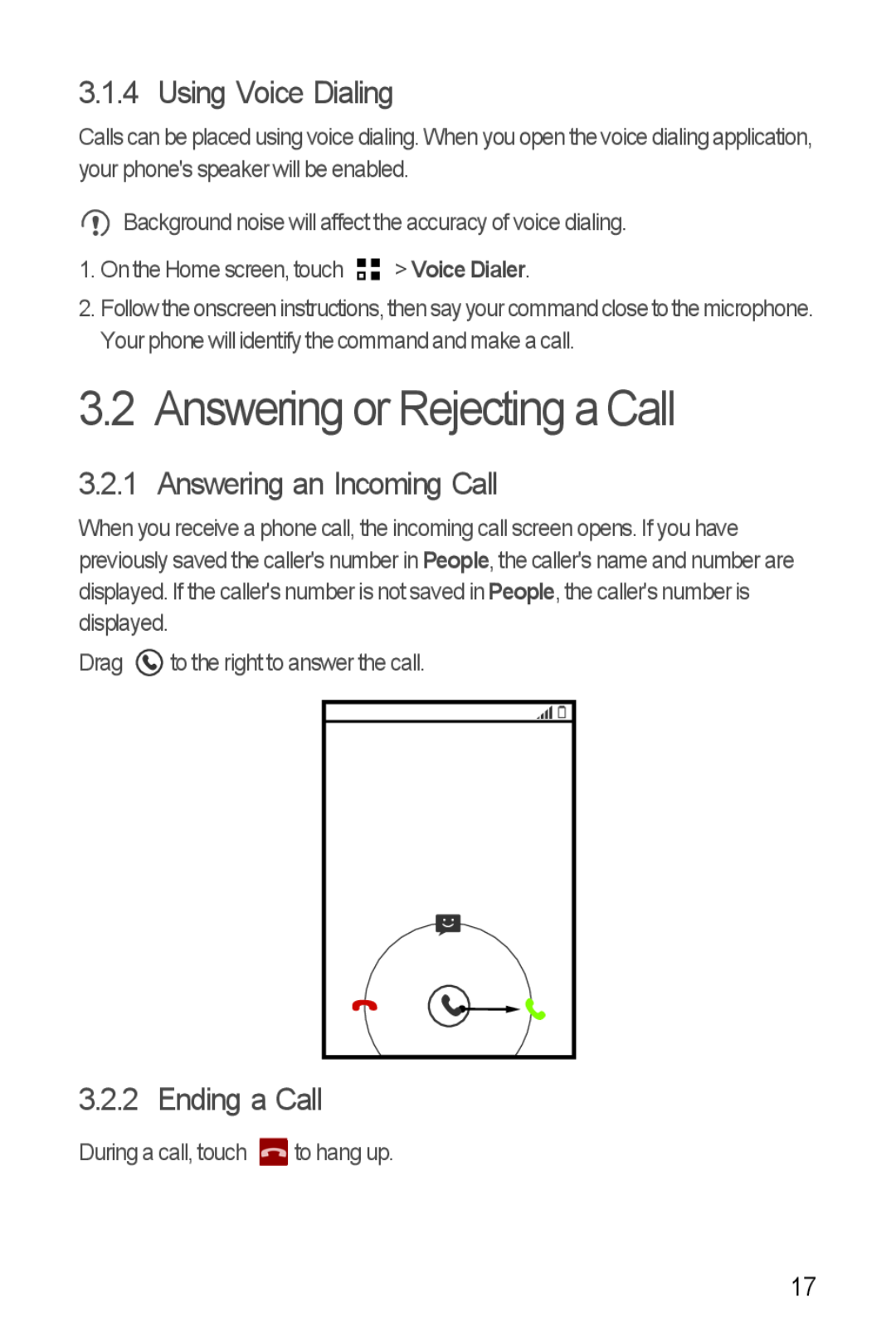 Huawei H881C manual Answering or Rejecting a Call, Using Voice Dialing, Answering an Incoming Call, Ending a Call 