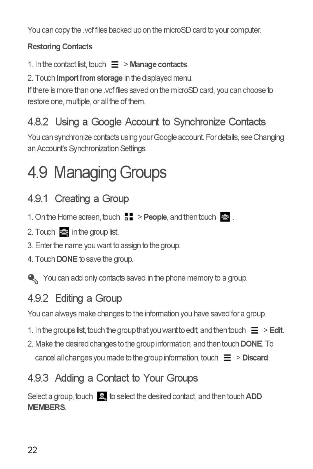 Huawei H881C Managing Groups, Using a Google Account to Synchronize Contacts, Creating a Group, Editing a Group, Discard 