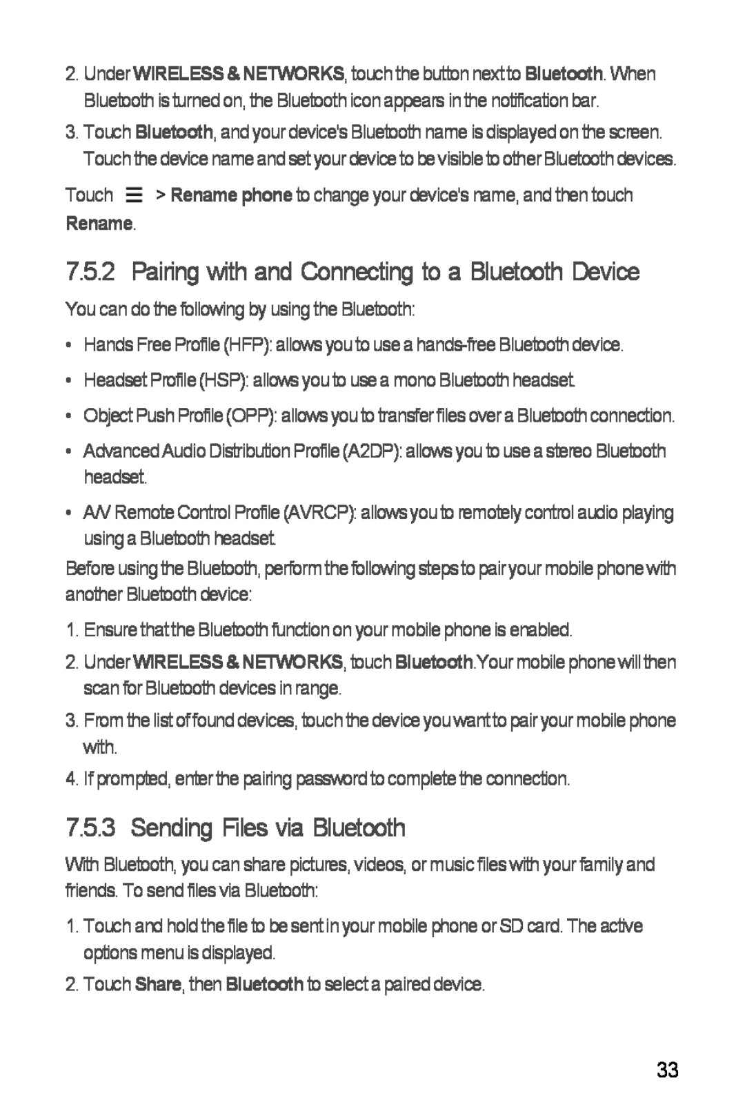 Huawei H881C manual Pairing with and Connecting to a Bluetooth Device, Sending Files via Bluetooth, Rename 