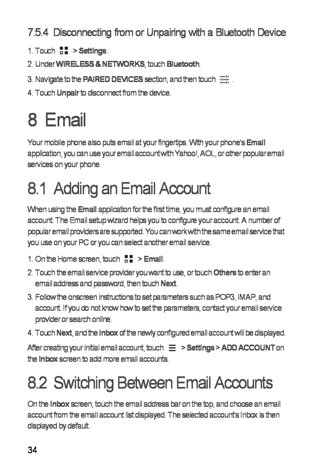 Huawei H881C manual Adding an Email Account, Switching Between Email Accounts 