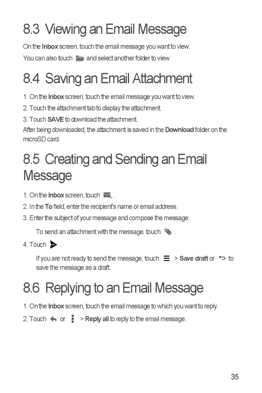 Huawei H881C manual Viewing an Email Message, Saving an Email Attachment, Creating and Sending an Email Message 