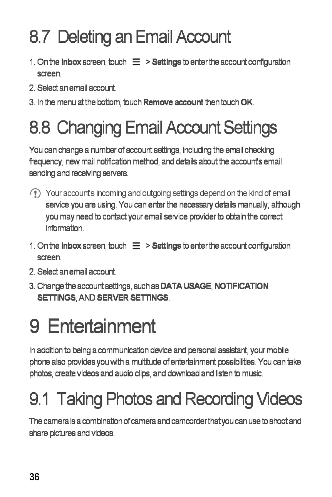 Huawei H881C Entertainment, Deleting an Email Account, Changing Email Account Settings, Taking Photos and Recording Videos 