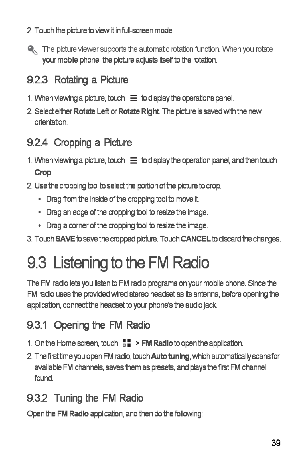 Huawei H881C Listening to the FM Radio, Rotating a Picture, Cropping a Picture, Opening the FM Radio, Tuning the FM Radio 