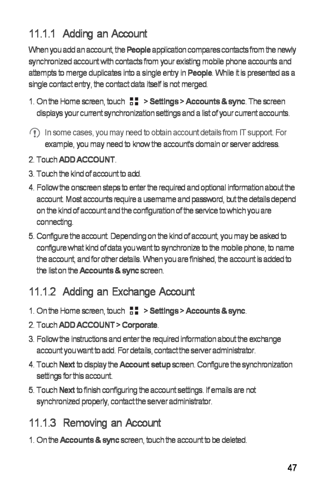 Huawei H881C manual Adding an Account, Adding an Exchange Account, Removing an Account, Touch ADD ACCOUNT 