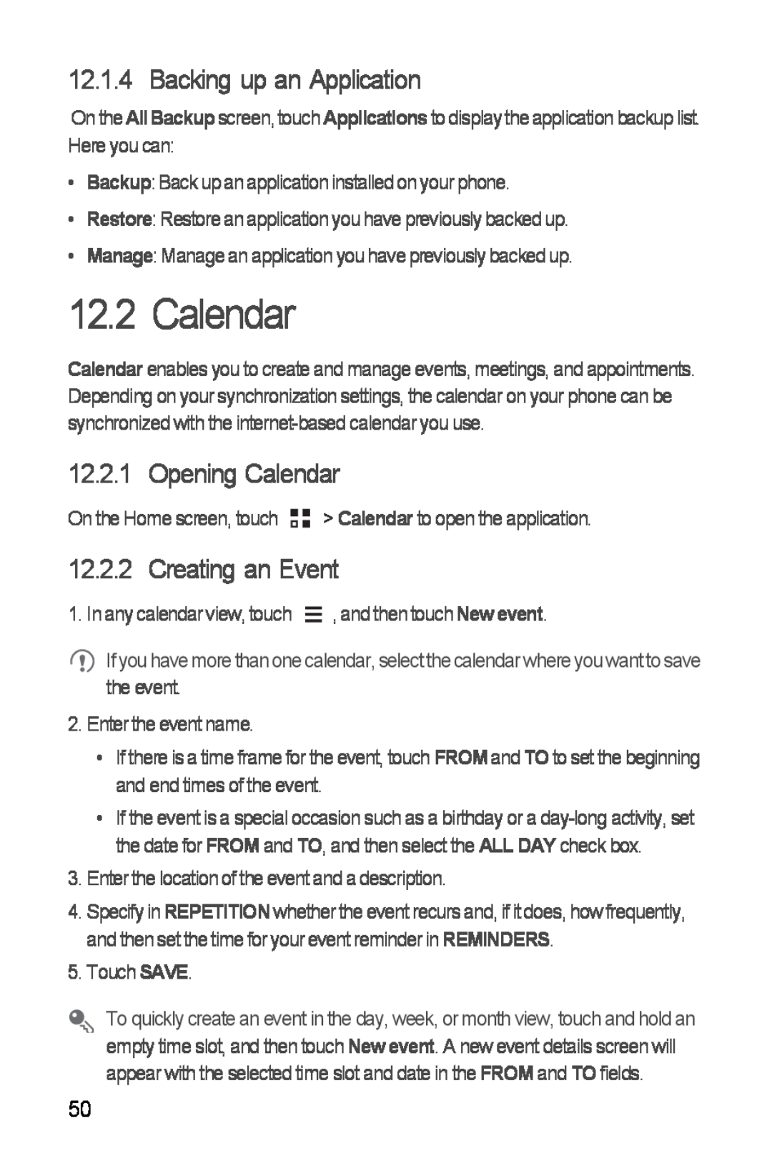 Huawei H881C manual Backing up an Application, Opening Calendar, Creating an Event 