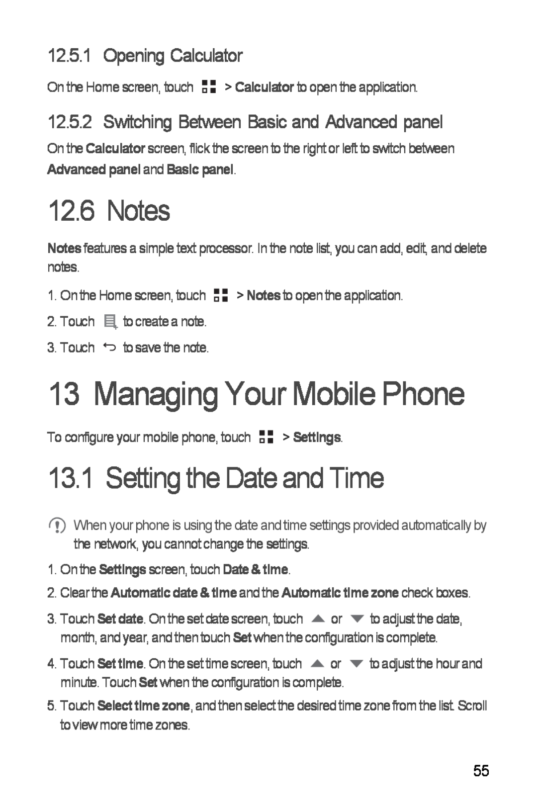 Huawei H881C manual Managing Your Mobile Phone, Notes, Setting the Date and Time, Opening Calculator 