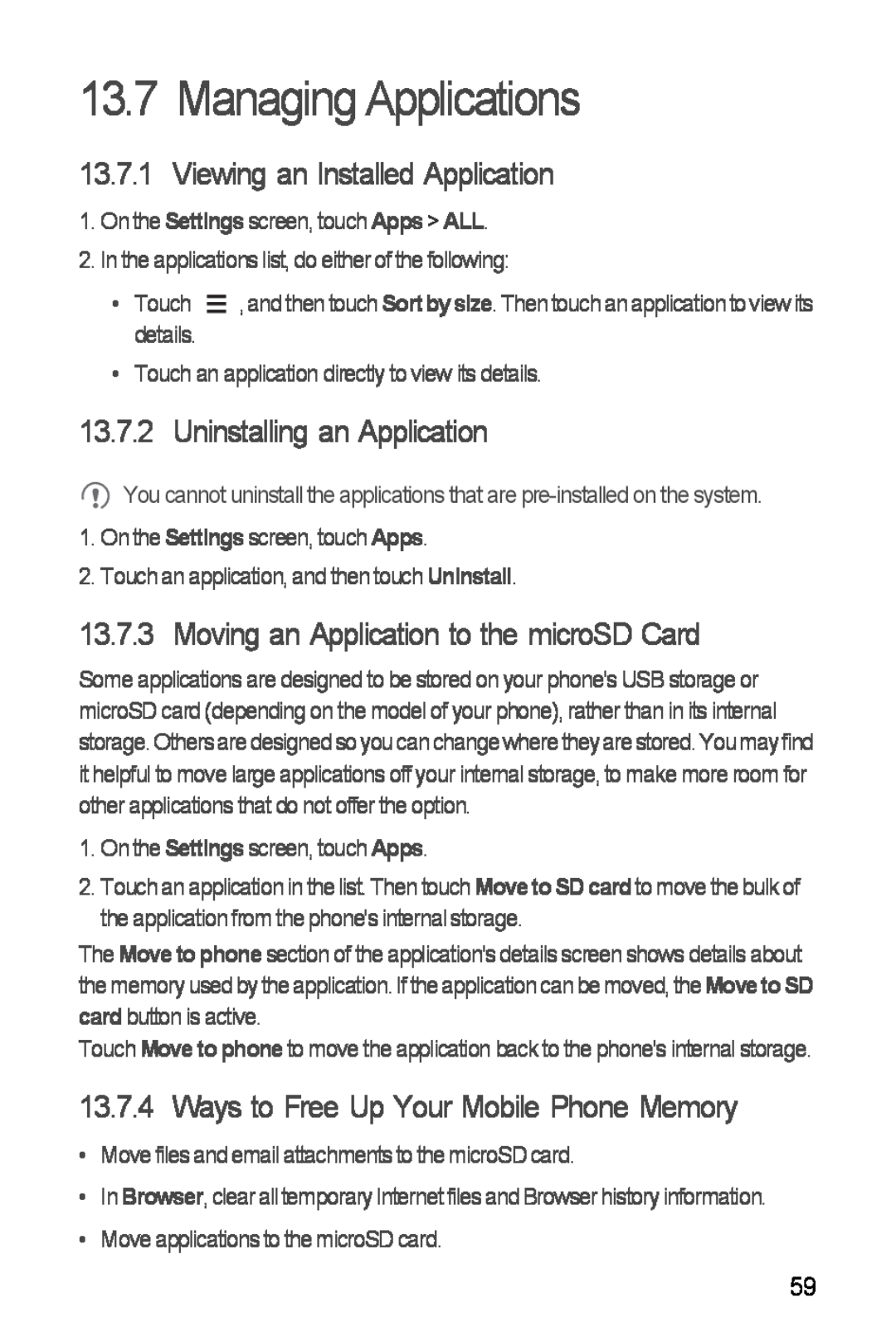 Huawei H881C manual Managing Applications, Viewing an Installed Application, Uninstalling an Application 