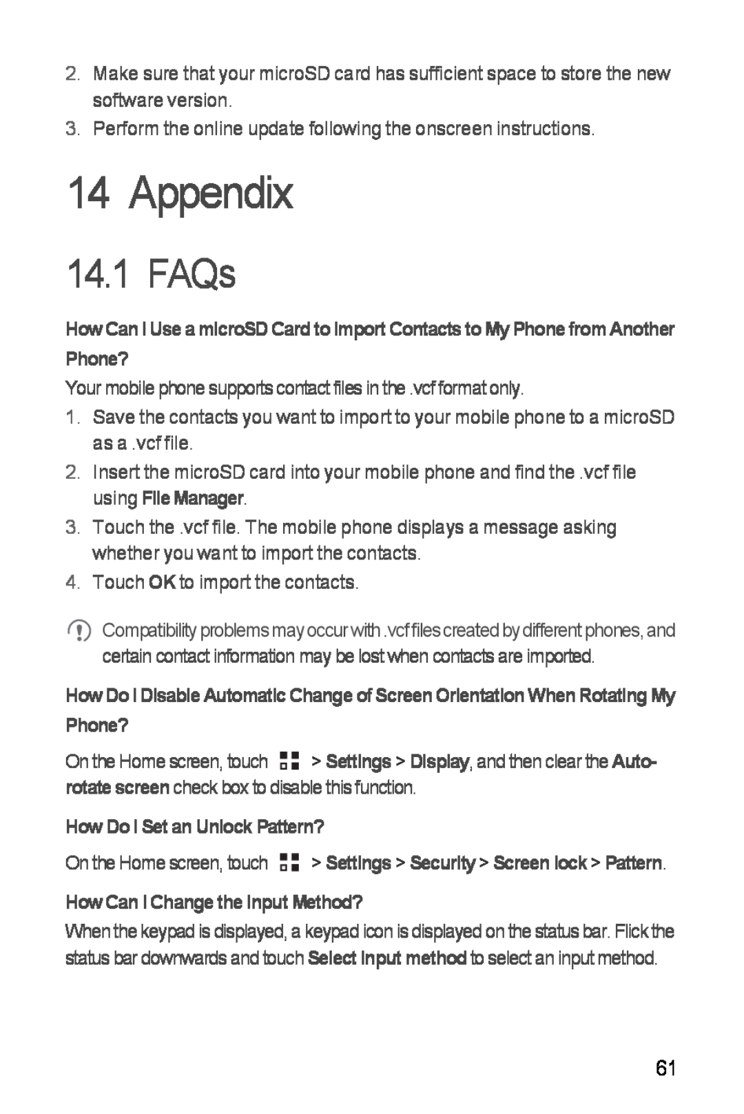 Huawei H881C manual Appendix, FAQs, How Do I Set an Unlock Pattern?, How Can I Change the Input Method? 