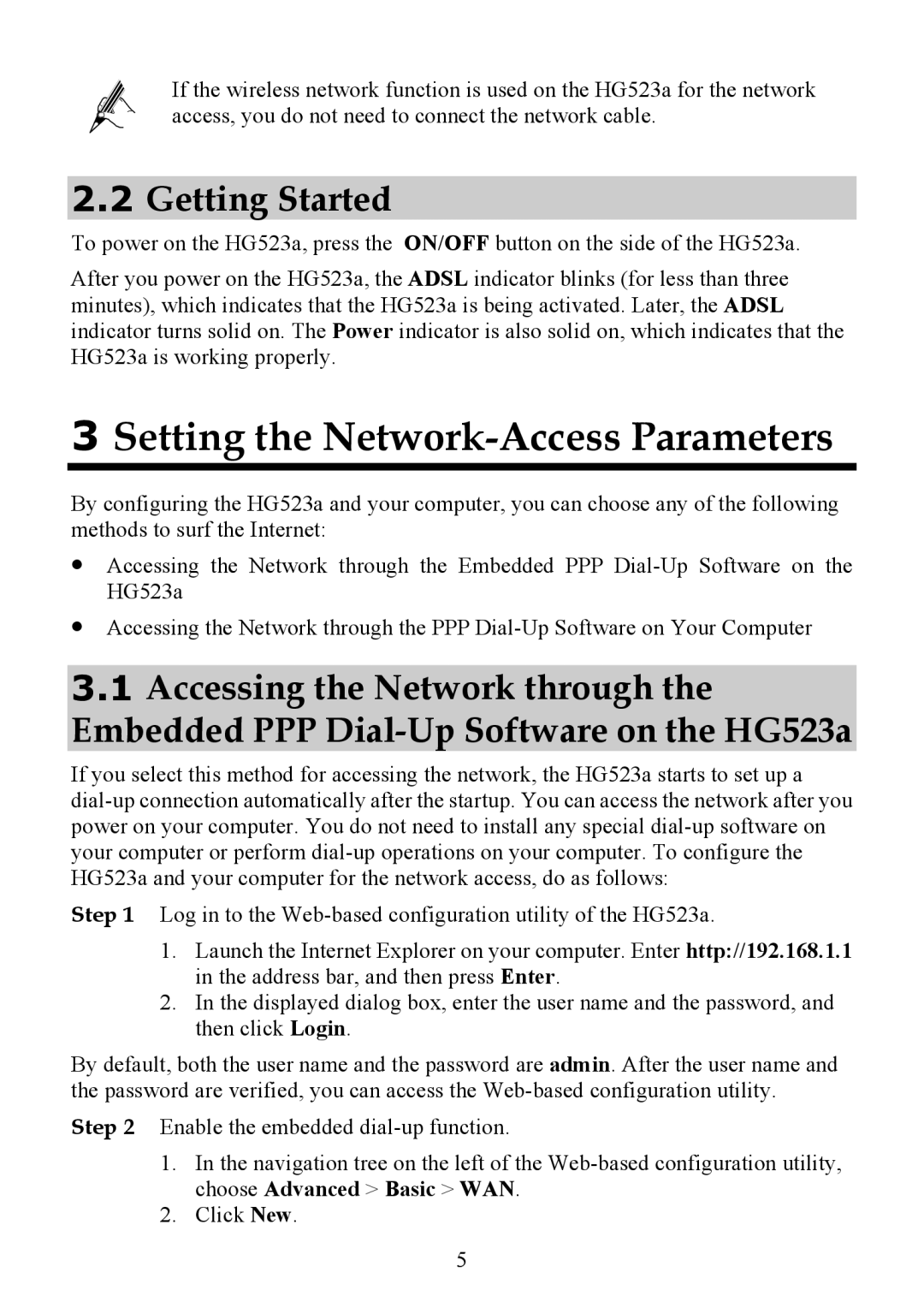 Huawei HG523a manual Setting the Network-Access Parameters, Getting Started 