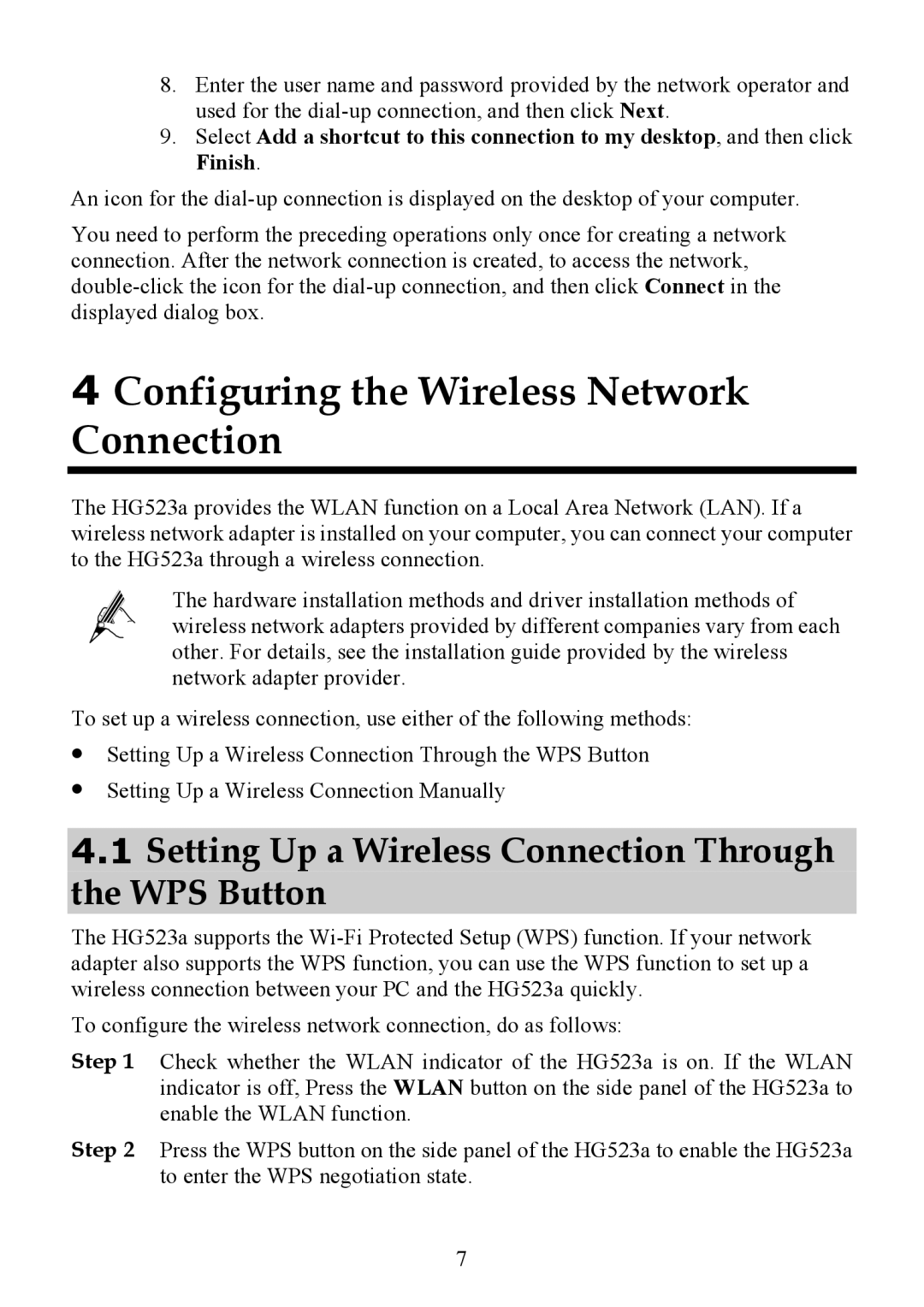 Huawei HG523a manual Configuring the Wireless Network Connection, Setting Up a Wireless Connection Through the WPS Button 