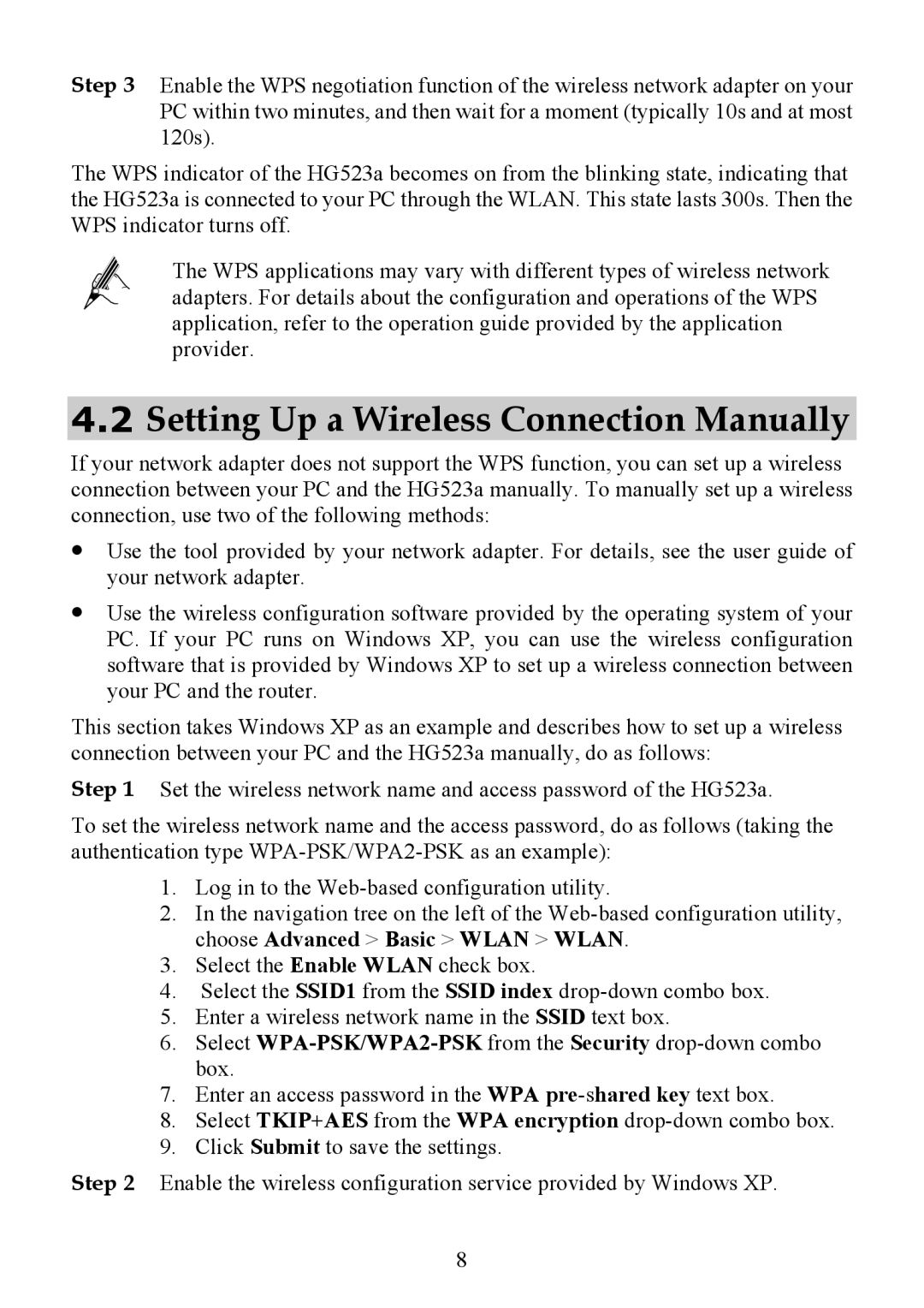 Huawei HG523a manual Setting Up a Wireless Connection Manually 