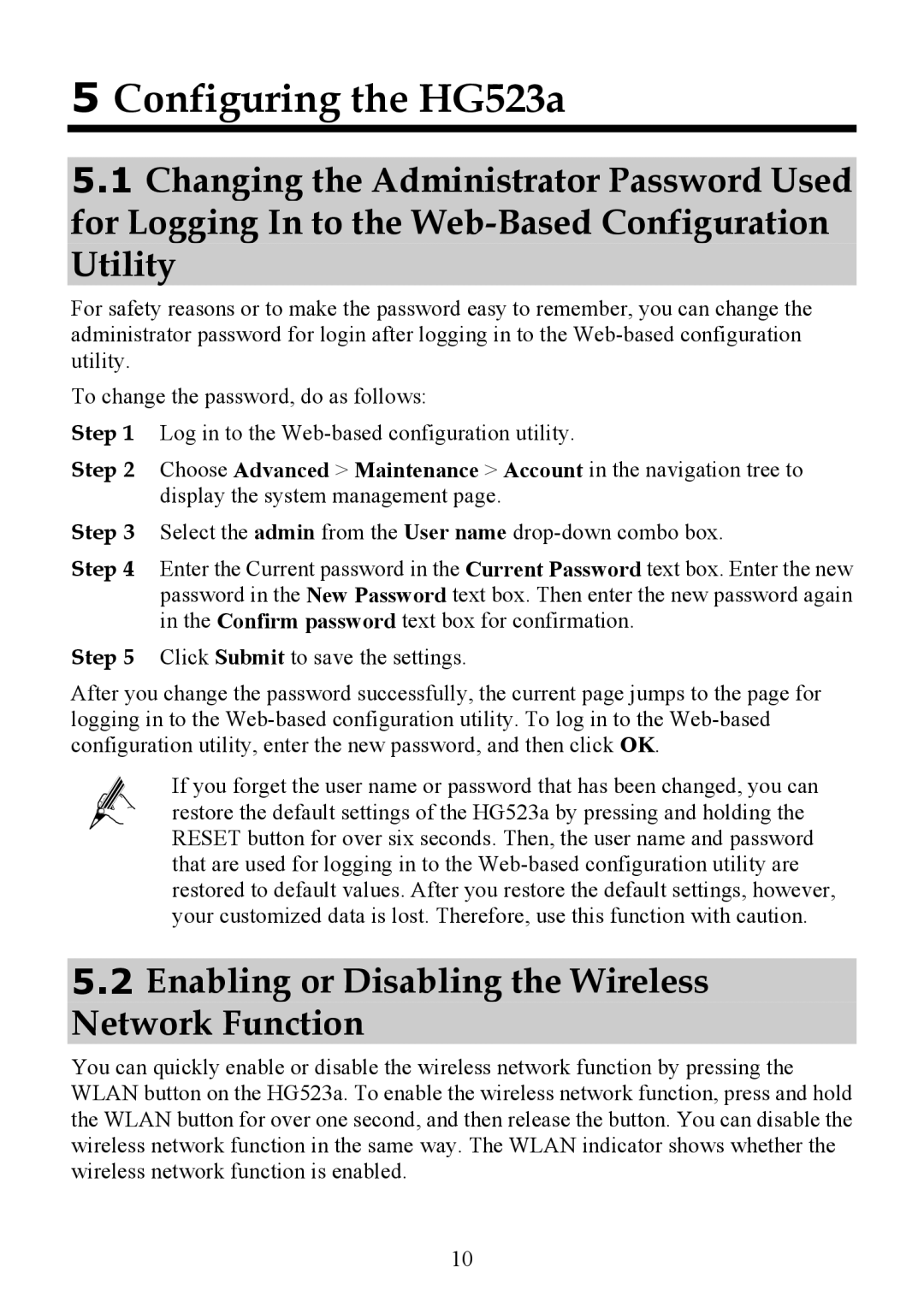 Huawei manual Configuring the HG523a, Enabling or Disabling the Wireless Network Function 