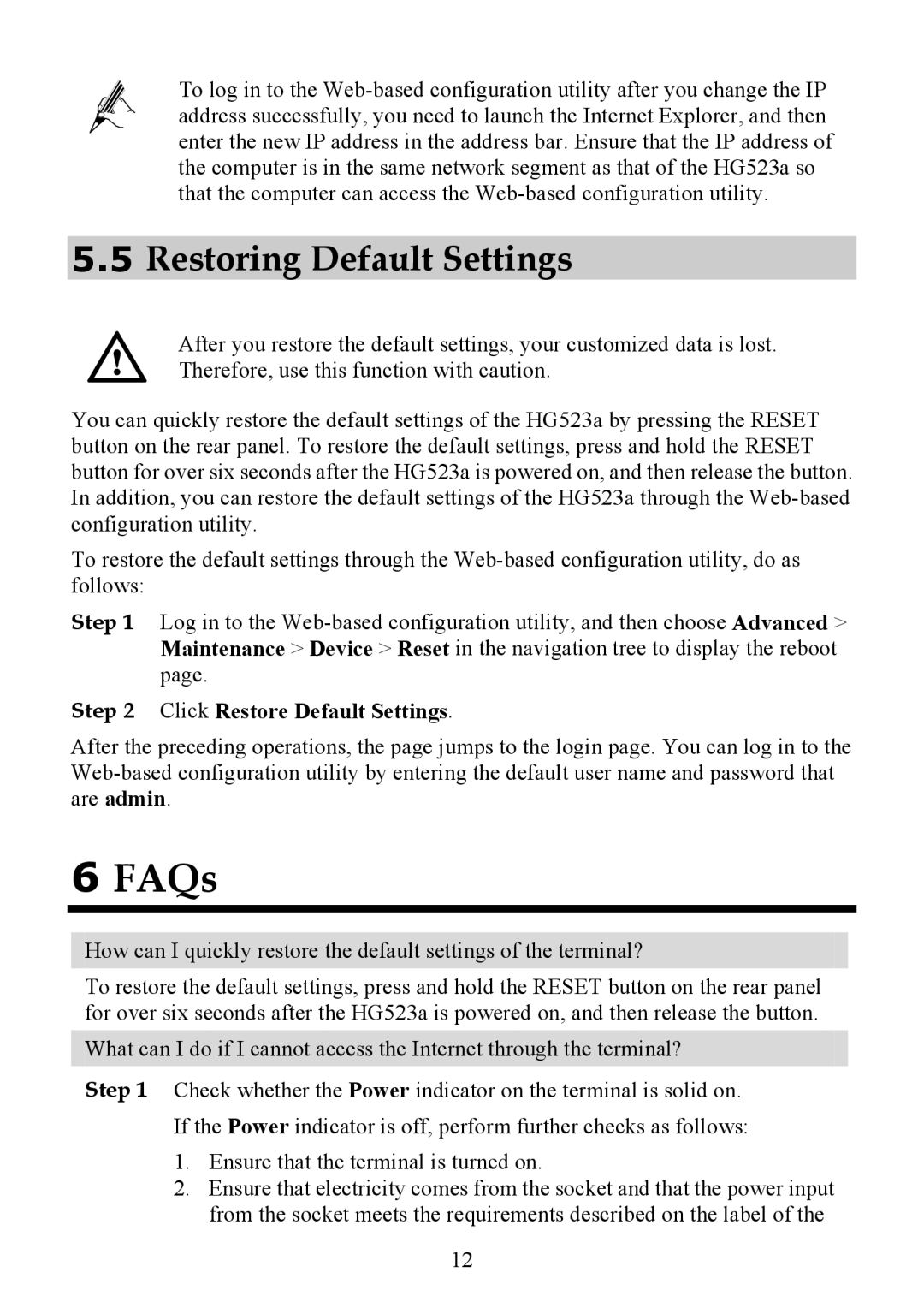 Huawei HG523a manual FAQs, Restoring Default Settings 