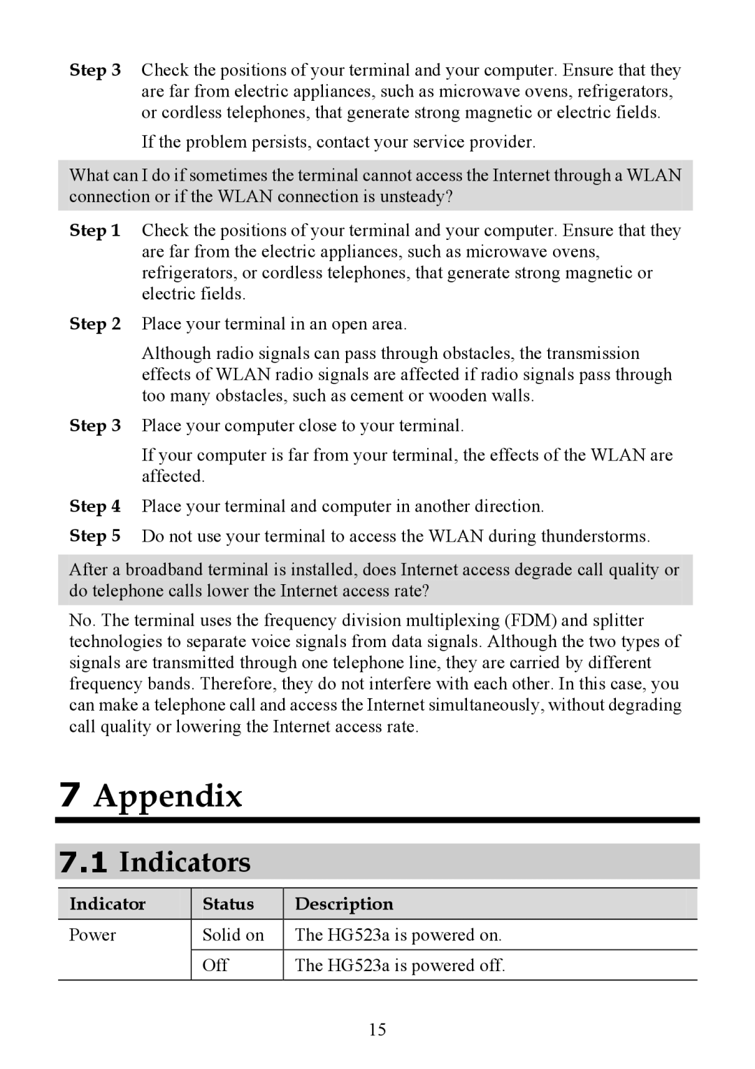 Huawei HG523a manual Appendix, Indicators 