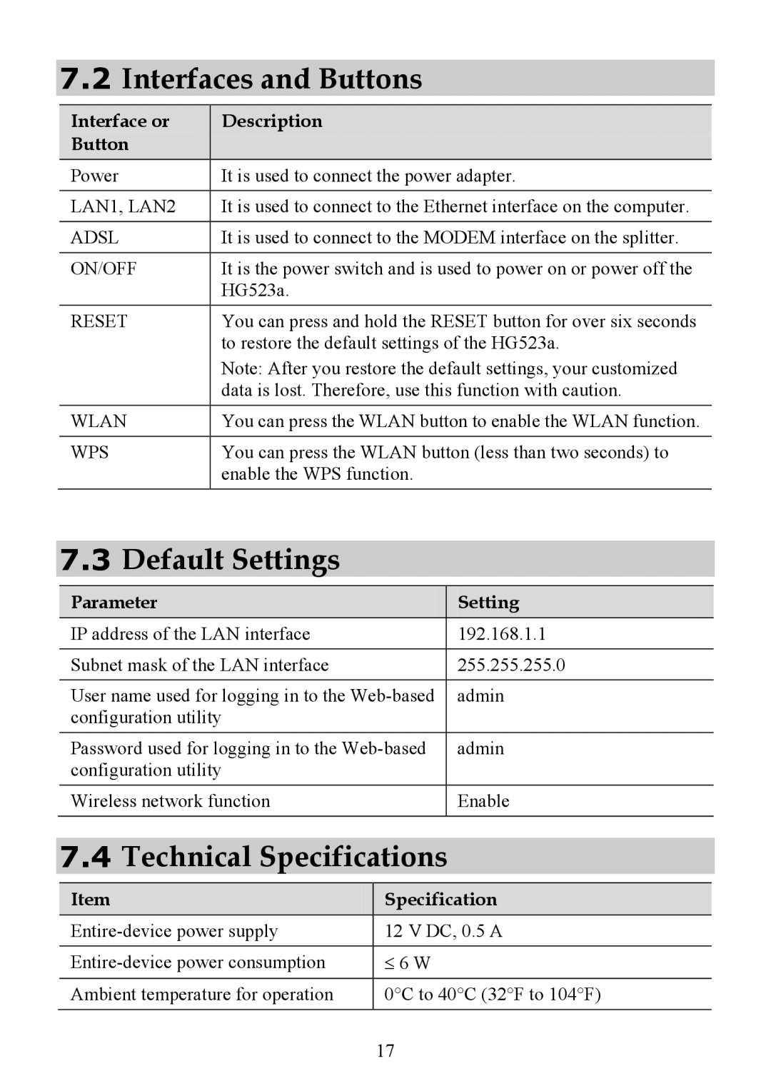 Huawei HG523a manual Interfaces and Buttons, Default Settings, Technical Specifications 