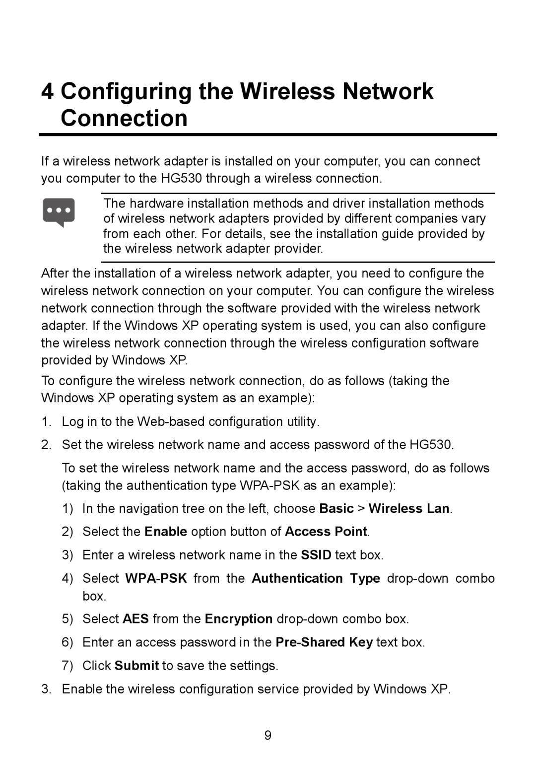 Huawei HG530 manual Configuring the Wireless Network Connection 