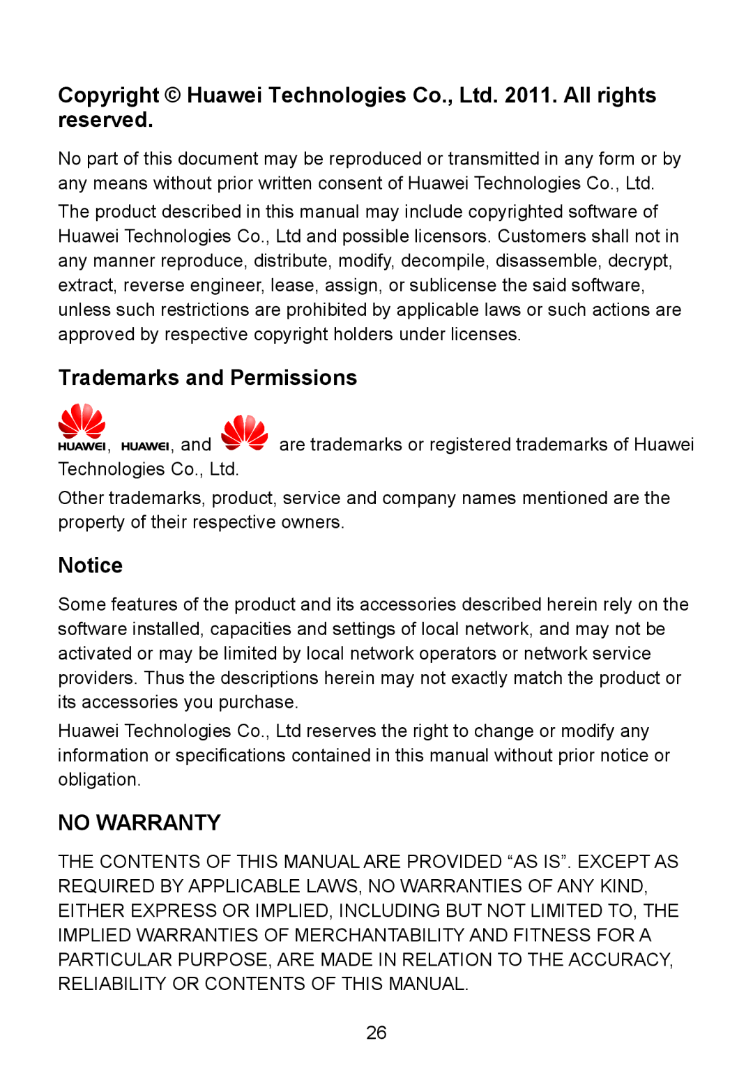 Huawei HG530 manual Trademarks and Permissions, No Warranty 