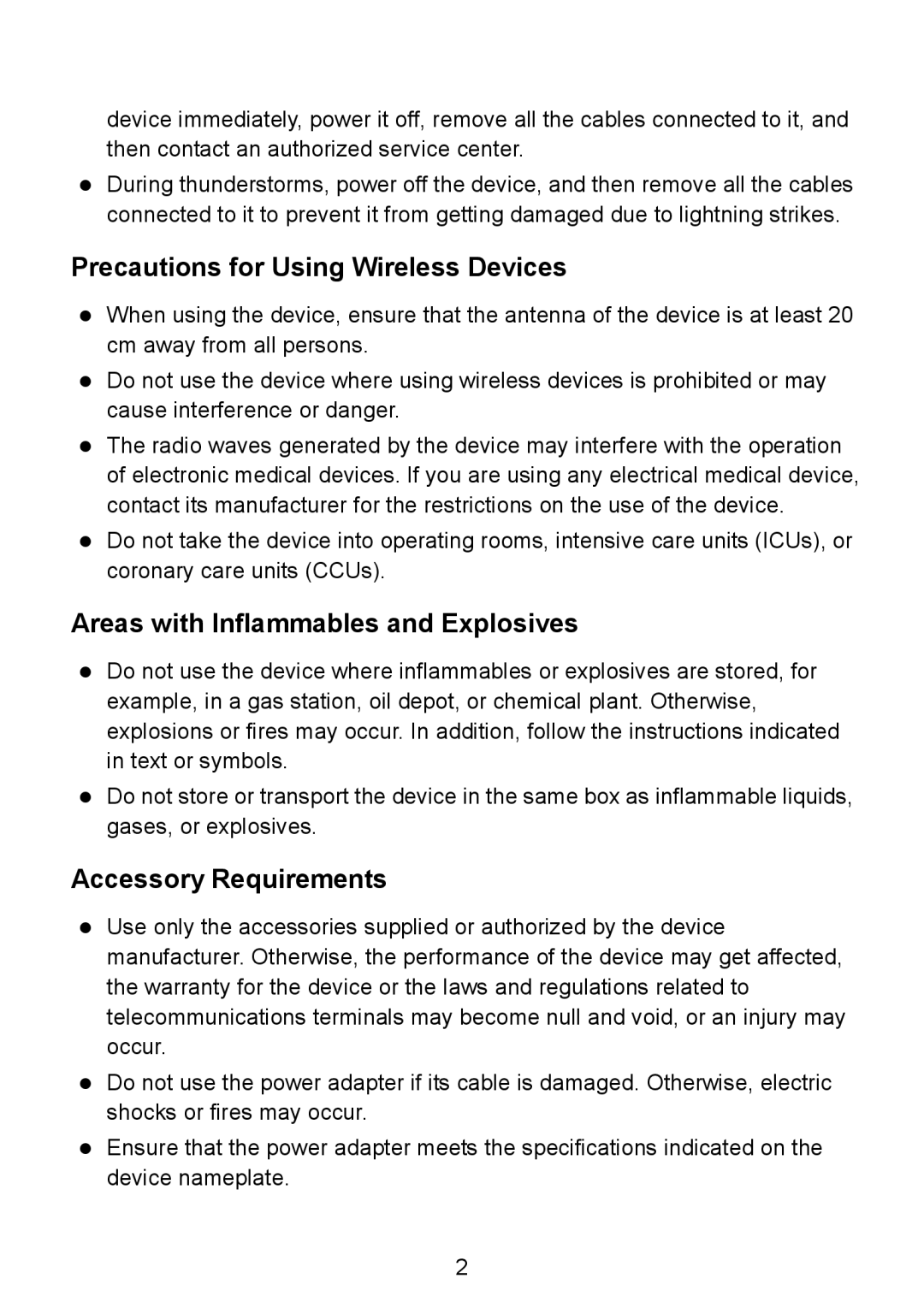 Huawei HG530 manual Precautions for Using Wireless Devices, Areas with Inflammables and Explosives, Accessory Requirements 