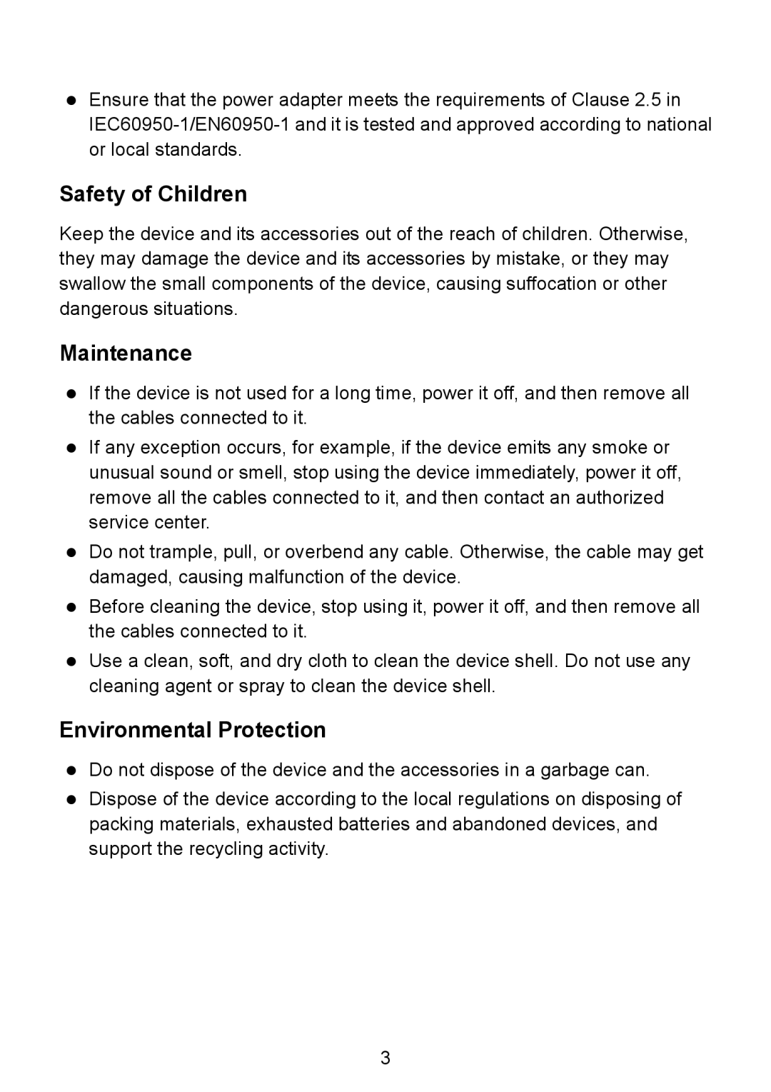 Huawei HG530 manual Safety of Children, Maintenance, Environmental Protection 