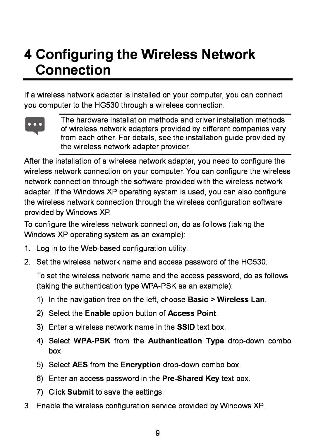 Huawei HG530 manual Configuring the Wireless Network Connection 