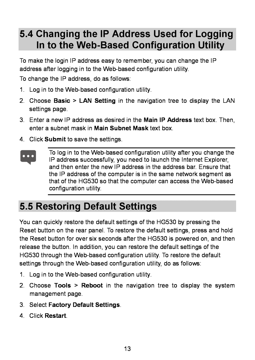 Huawei HG530 manual Restoring Default Settings, Select Factory Default Settings 
