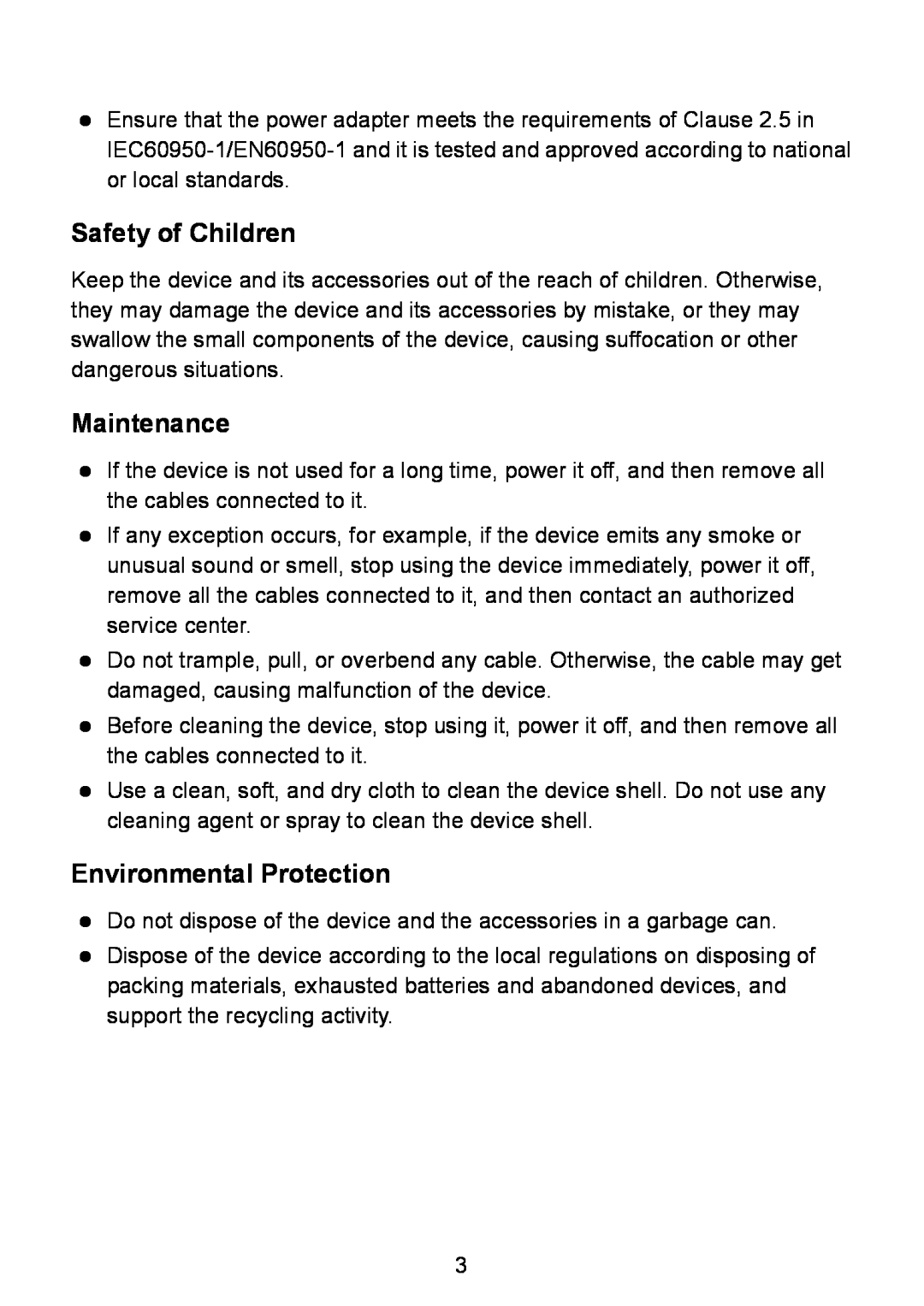Huawei HG530 manual Safety of Children, Maintenance, Environmental Protection 