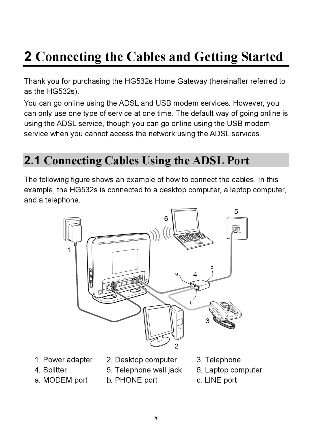 Huawei HG532S manual Connecting the Cables and Getting Started, Connecting Cables Using the Adsl Port 