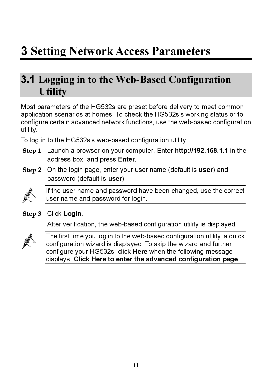 Huawei HG532S manual Setting Network Access Parameters, Logging in to the Web-Based Configuration Utility 