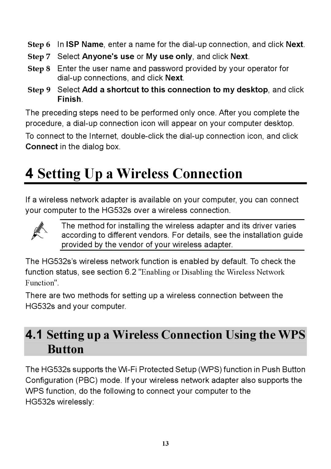 Huawei HG532S manual Setting Up a Wireless Connection, Setting up a Wireless Connection Using the WPS Button 