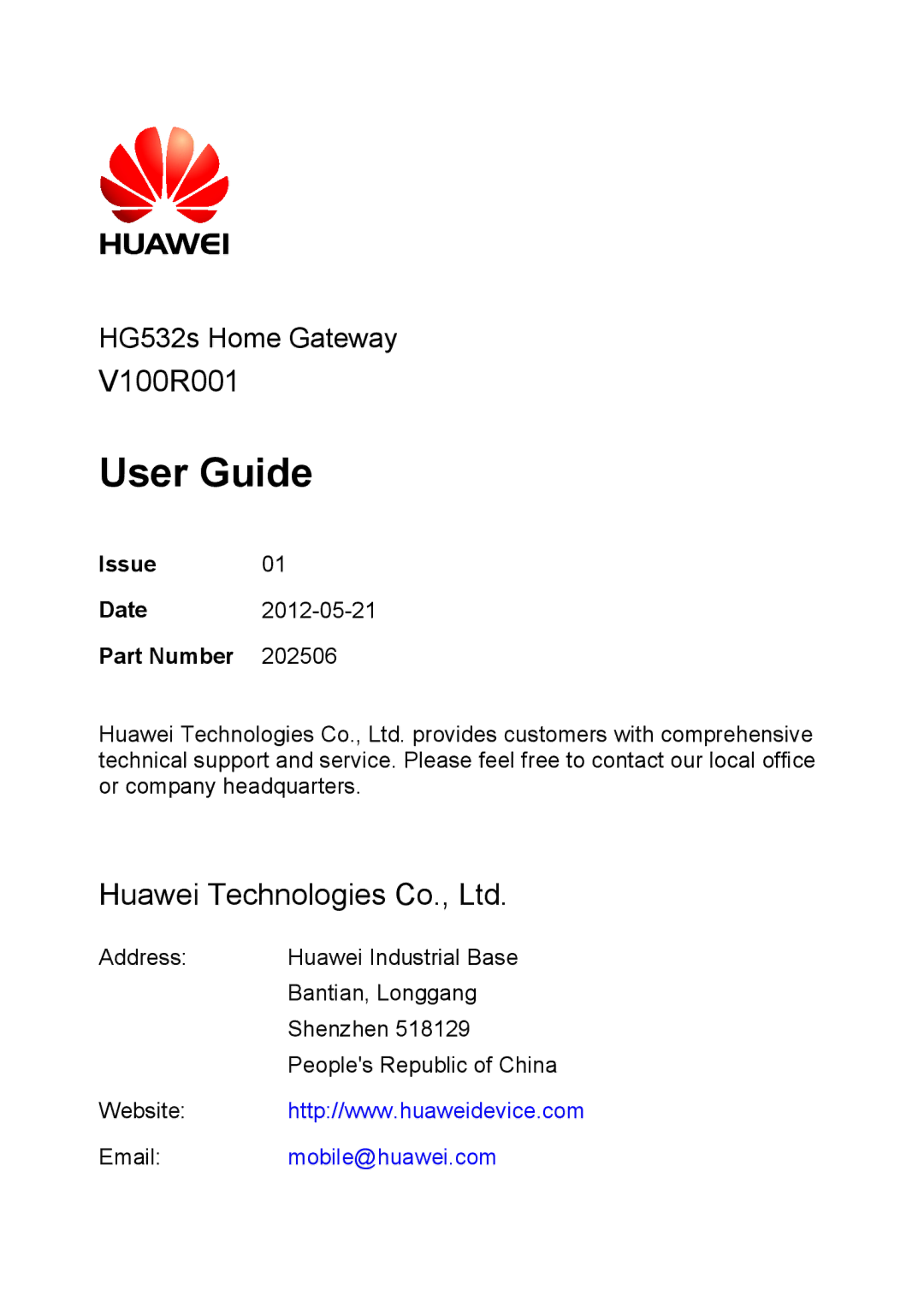 Huawei HG532S manual Issue, Part Number 