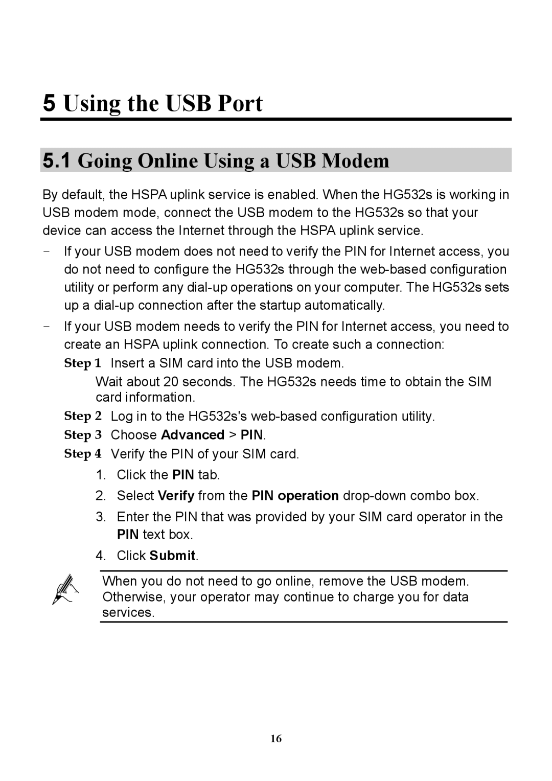 Huawei HG532S manual Using the USB Port, Going Online Using a USB Modem 