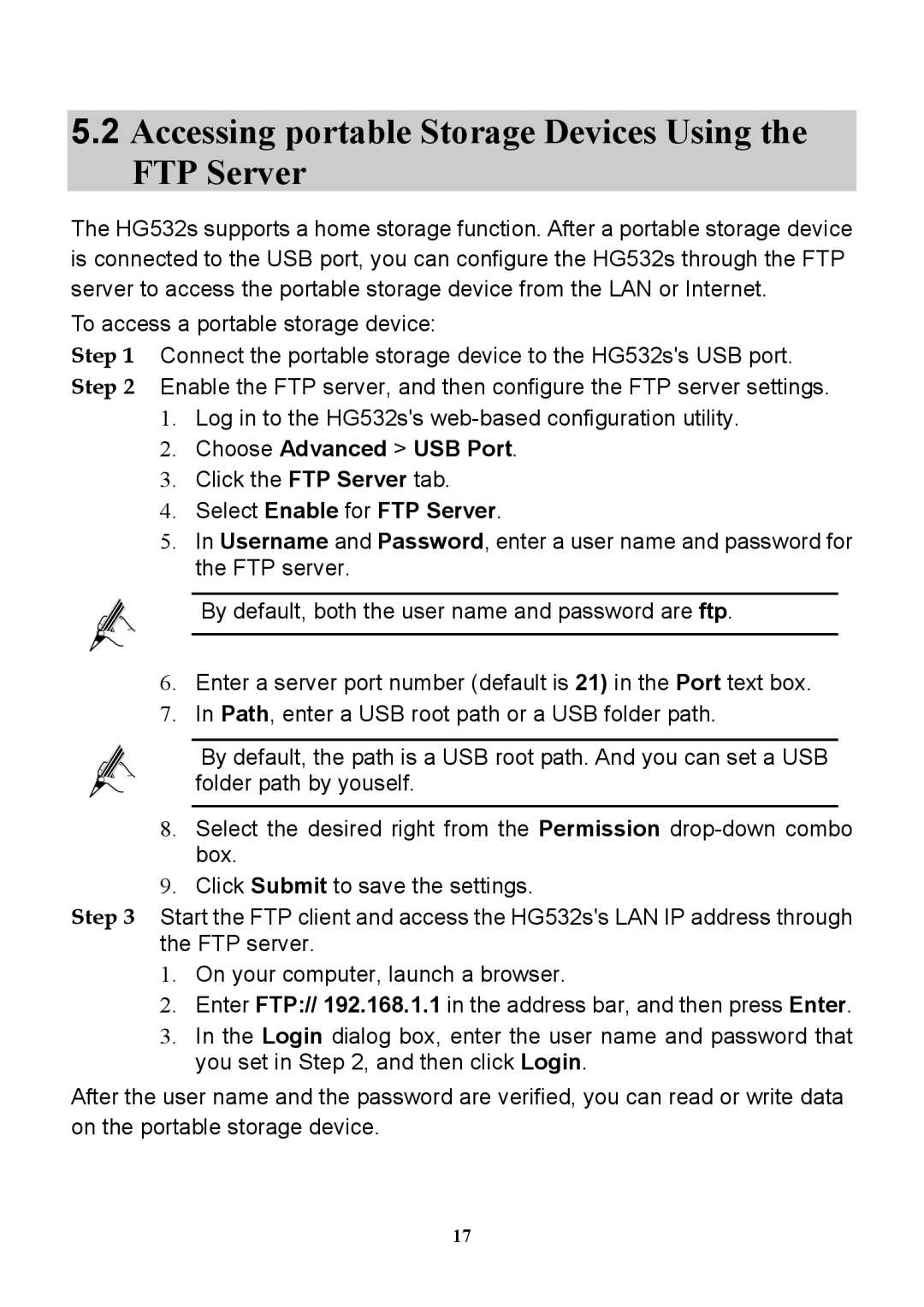 Huawei HG532S manual Accessing portable Storage Devices Using the FTP Server, Choose Advanced USB Port 