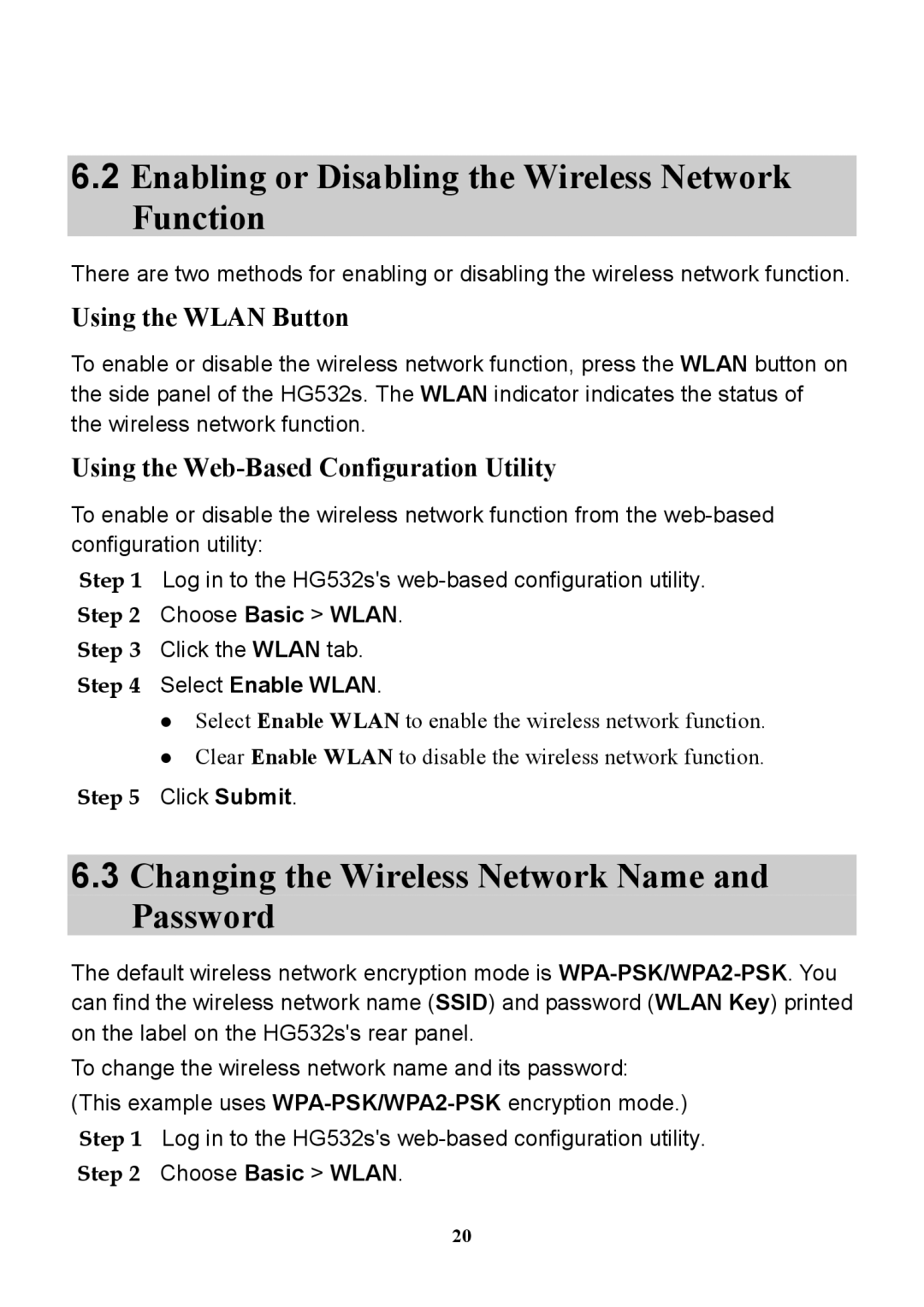 Huawei HG532S manual Enabling or Disabling the Wireless Network Function, Changing the Wireless Network Name and Password 