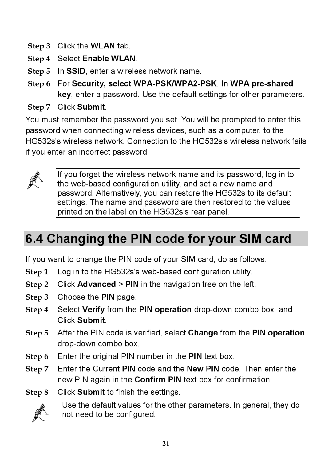 Huawei HG532S manual Changing the PIN code for your SIM card 