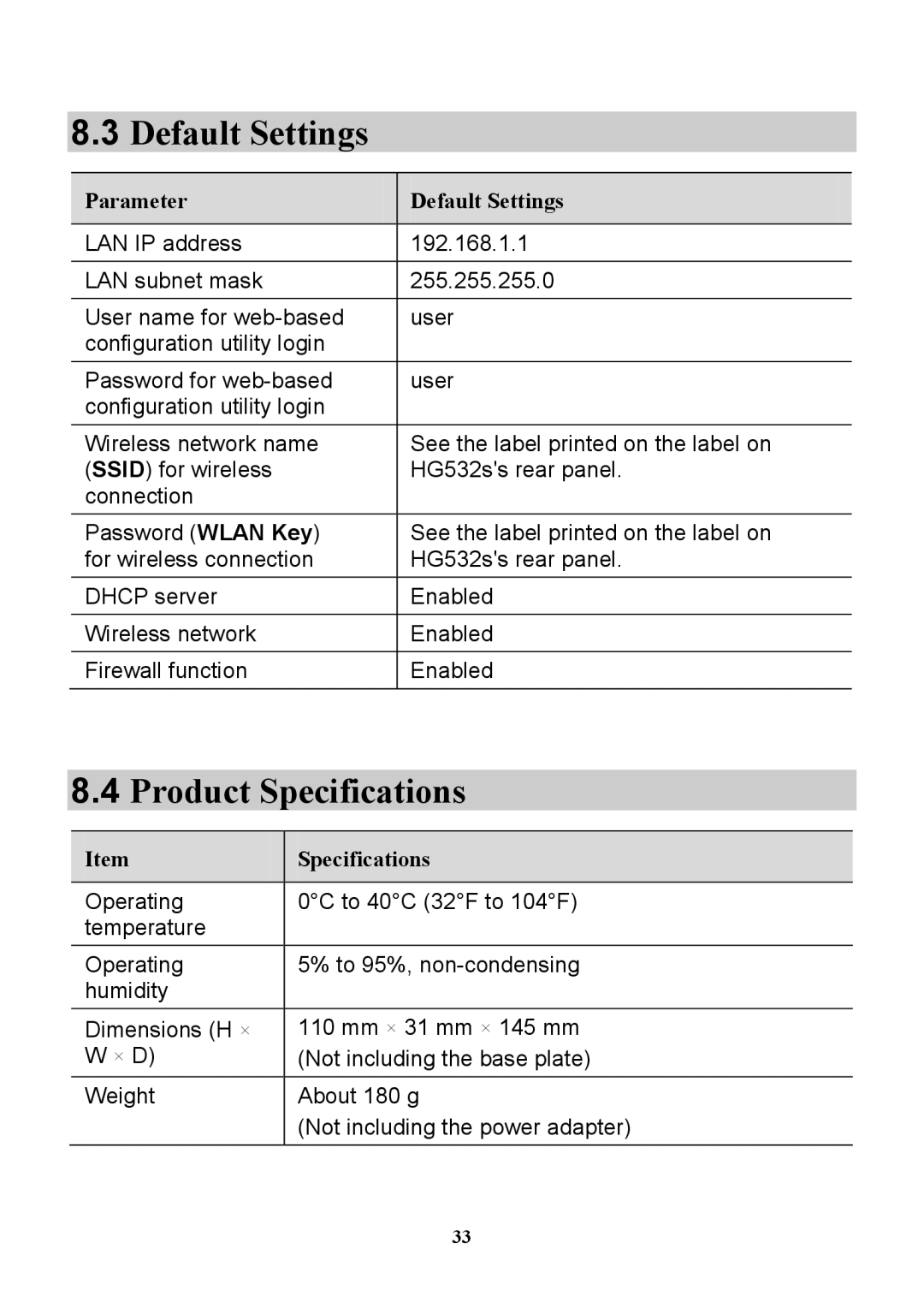 Huawei HG532S manual Default Settings, Product Specifications 