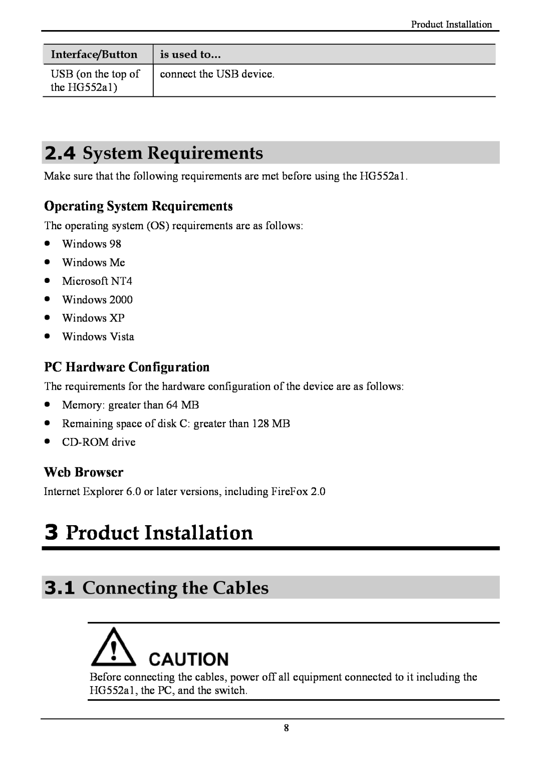 Huawei HG552a1 Product Installation, Connecting the Cables, Operating System Requirements, PC Hardware Configuration 