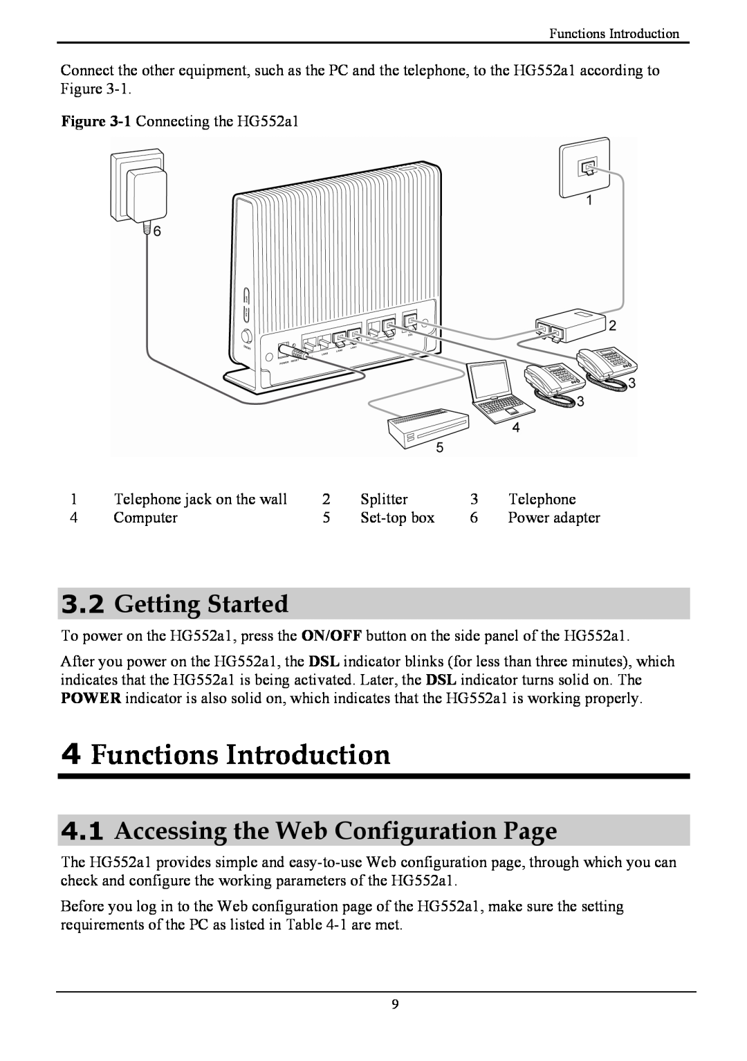 Huawei HG552a1 manual Functions Introduction, Getting Started, Accessing the Web Configuration Page 