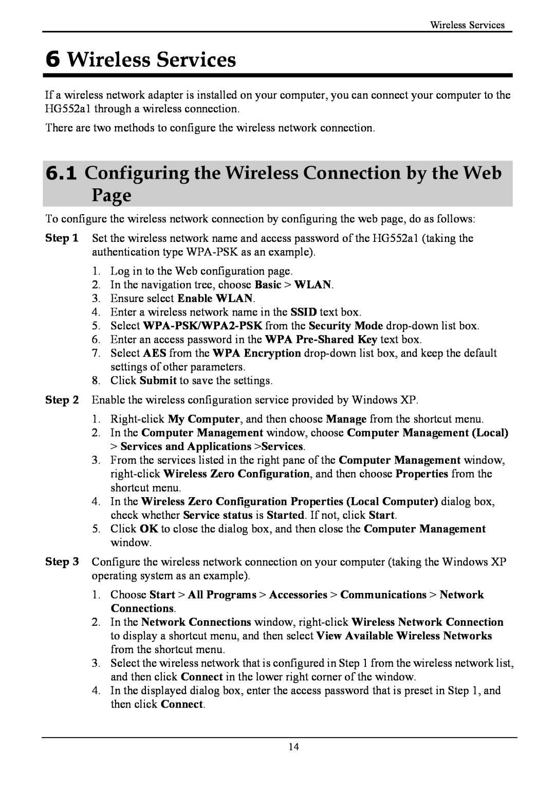 Huawei HG552a1 manual Wireless Services, Configuring the Wireless Connection by the Web Page 