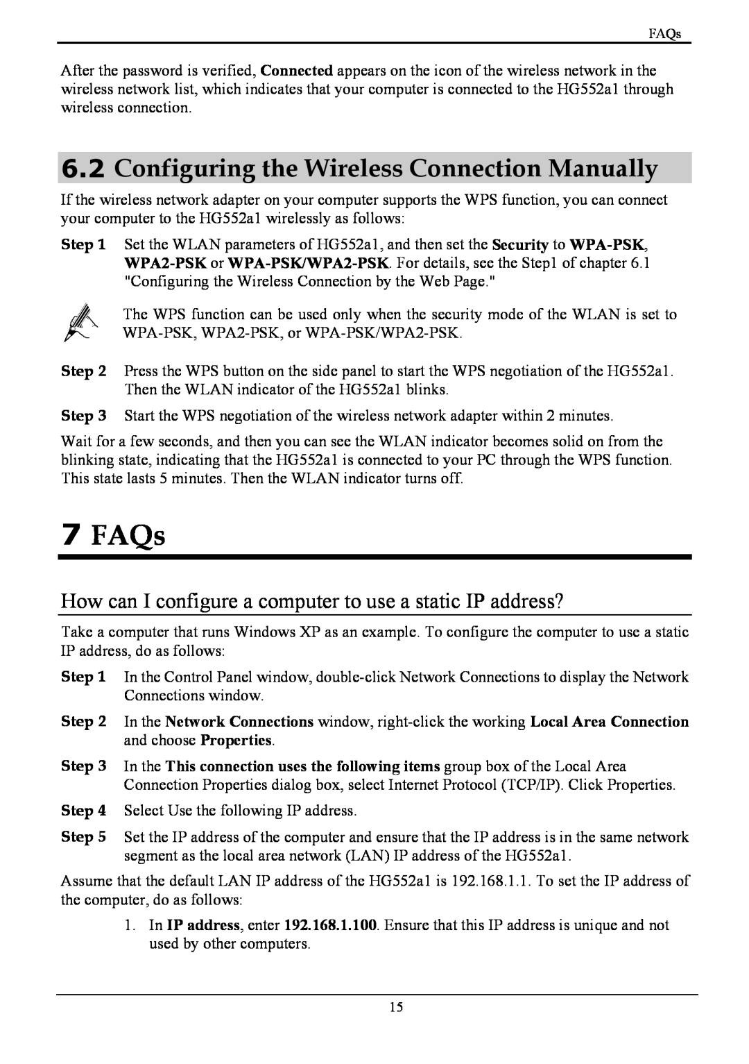 Huawei HG552a1 manual FAQs, Configuring the Wireless Connection Manually 