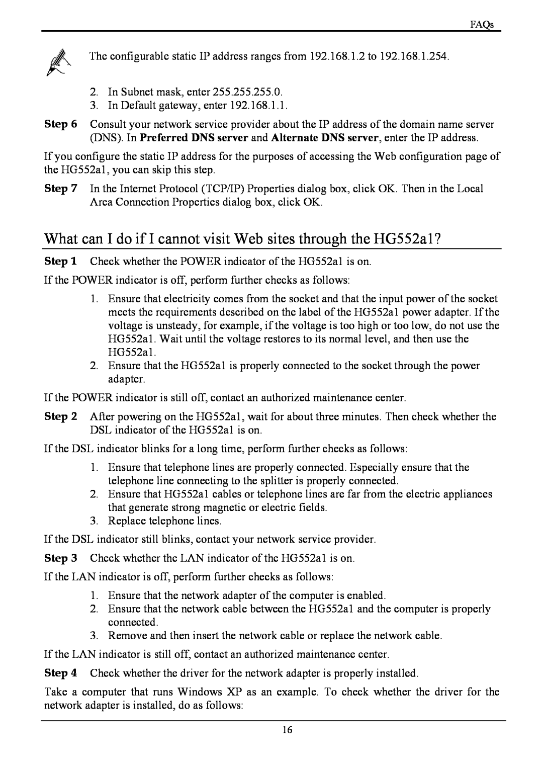 Huawei manual What can I do if I cannot visit Web sites through the HG552a1? 